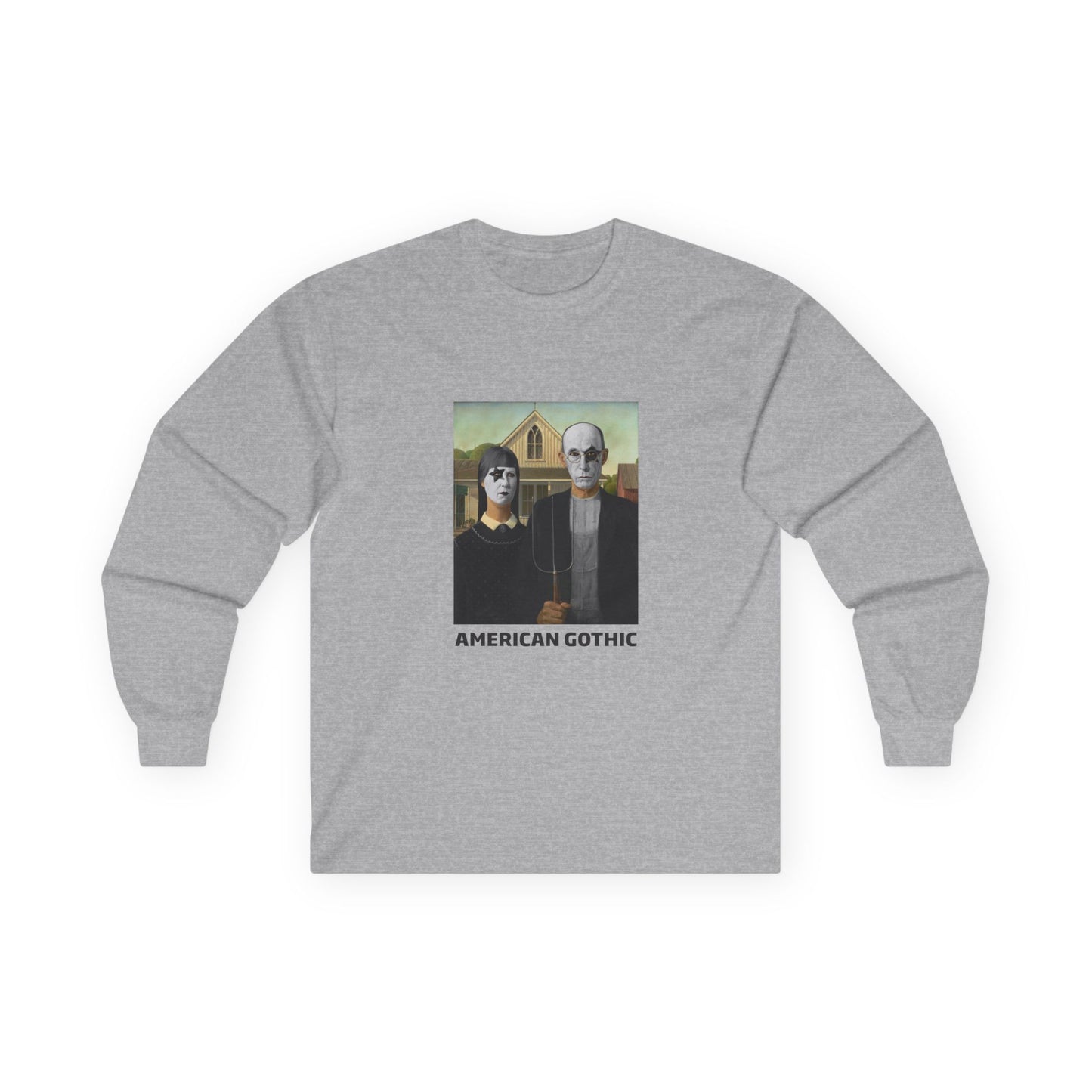 American Gothic parody shirt featuring gothic versions of the farmer and wife with makeup and black hair