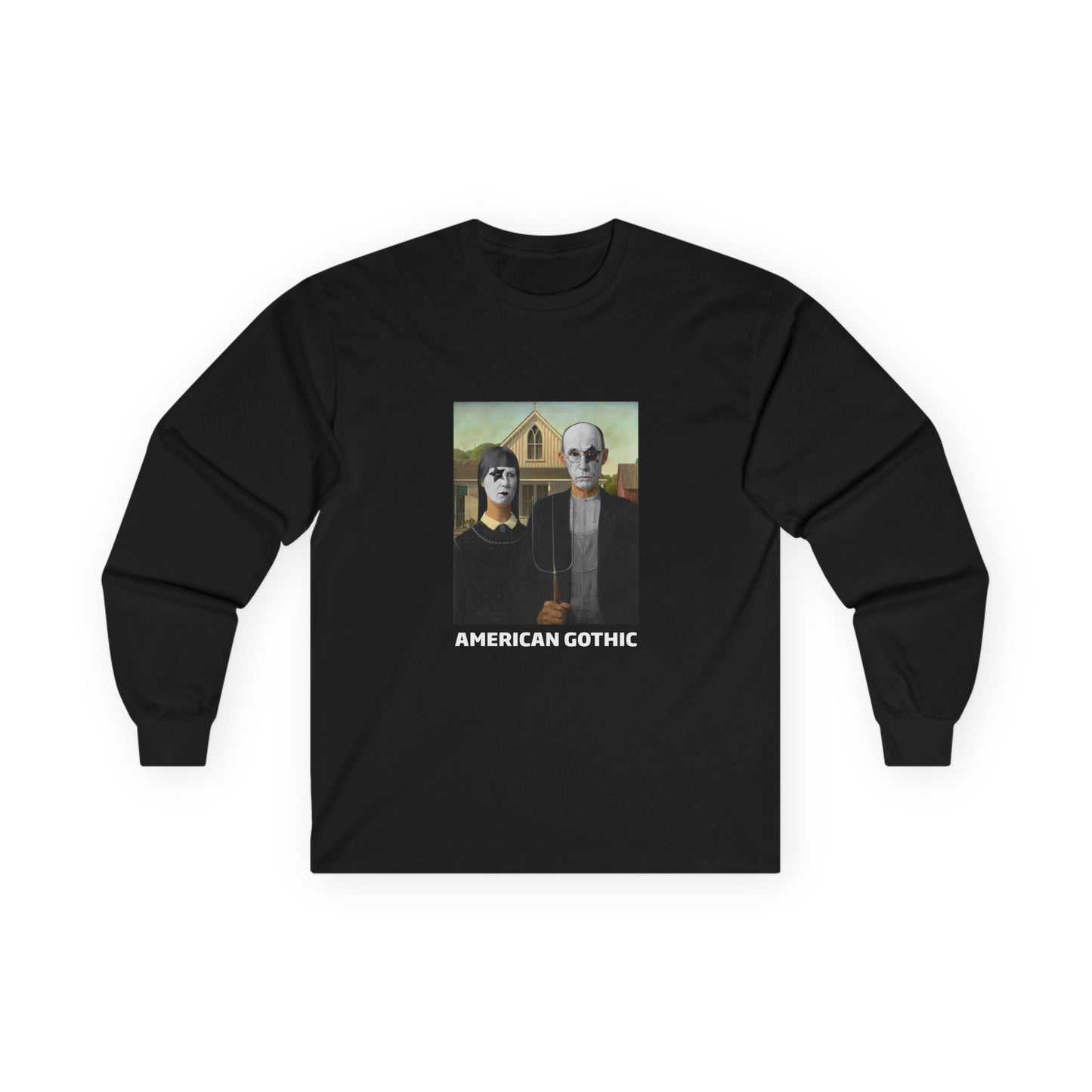 American Gothic parody shirt featuring gothic versions of the farmer and wife with makeup and black hair