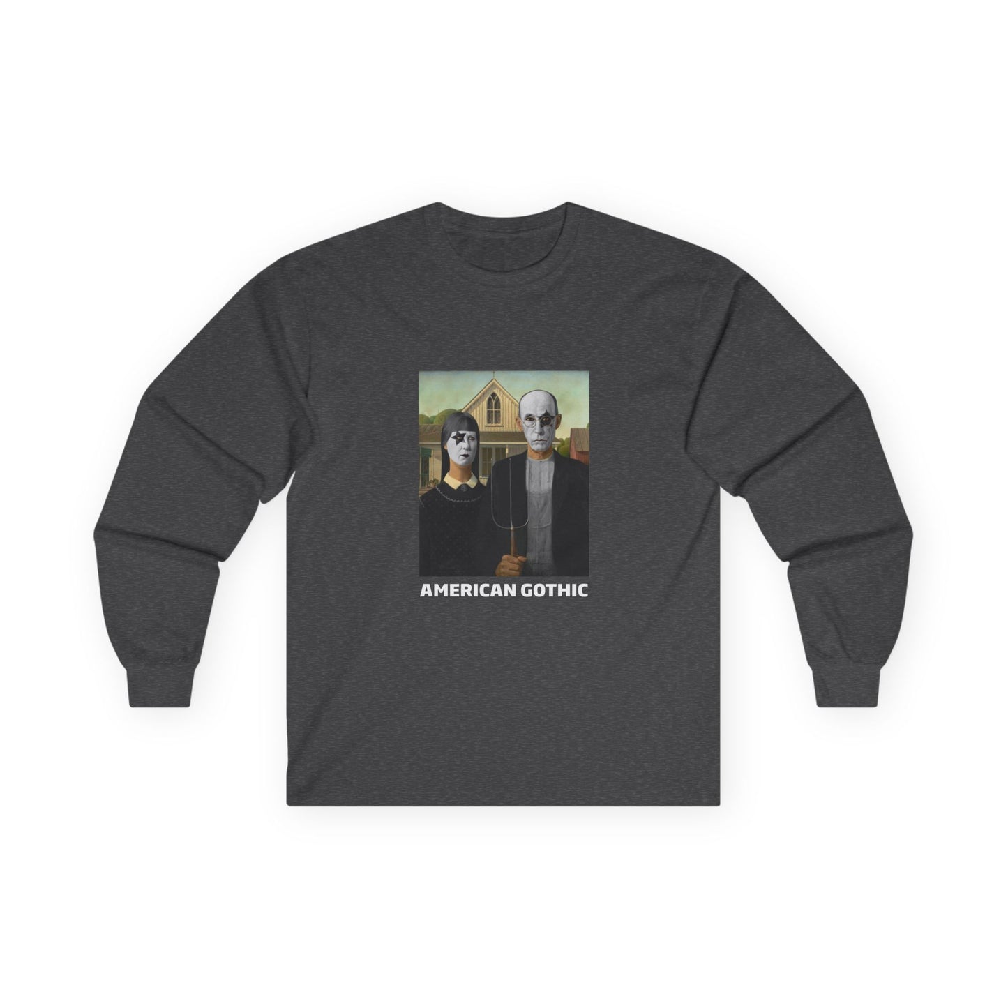 American Gothic parody shirt featuring gothic versions of the farmer and wife with makeup and black hair