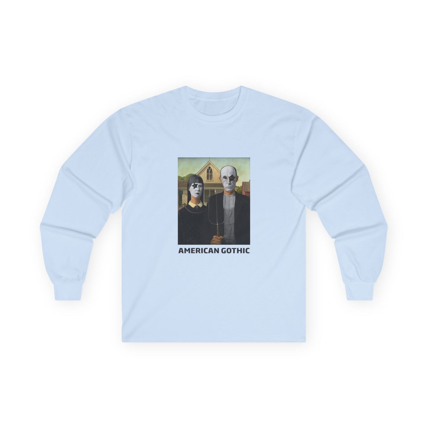 American Gothic parody shirt featuring gothic versions of the farmer and wife with makeup and black hair
