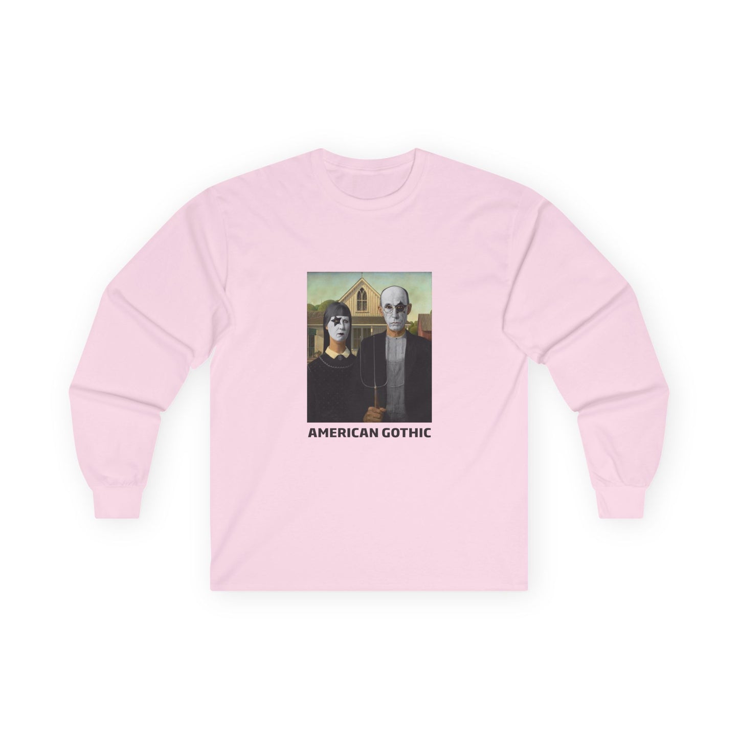 American Gothic parody shirt featuring gothic versions of the farmer and wife with makeup and black hair