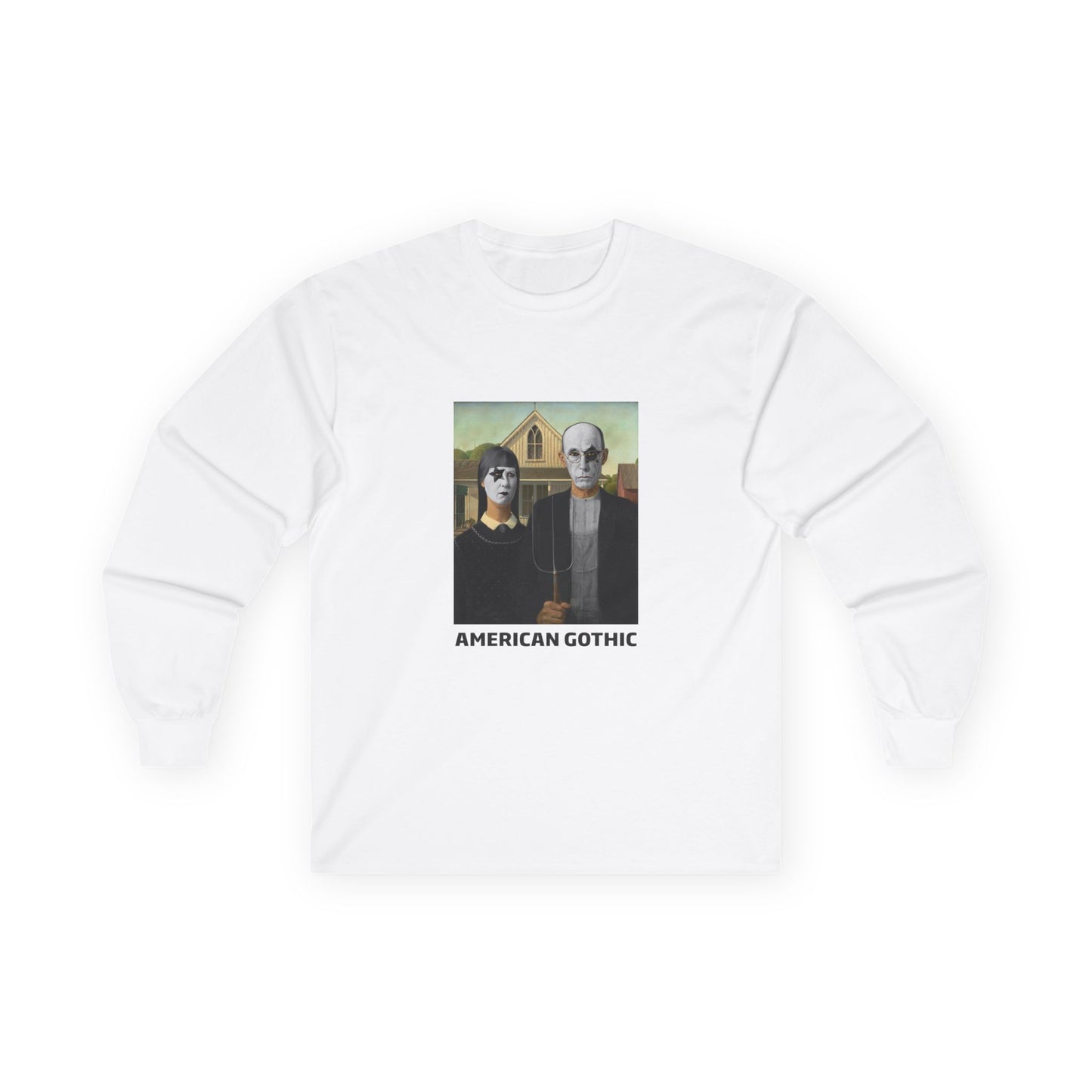 American Gothic parody shirt featuring gothic versions of the farmer and wife with makeup and black hair