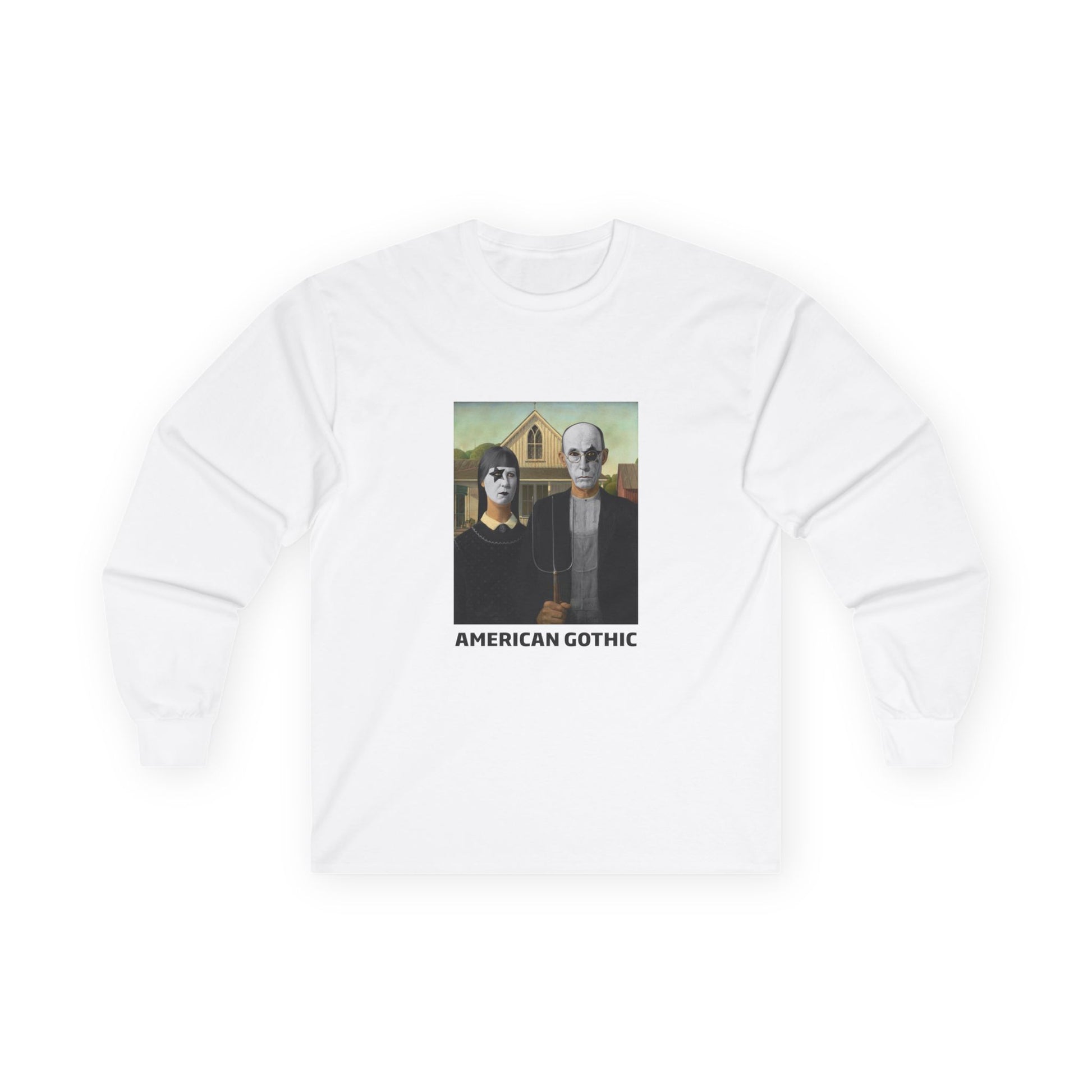 American Gothic parody shirt featuring gothic versions of the farmer and wife with makeup and black hair