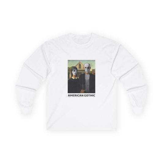 American Gothic parody shirt featuring gothic versions of the farmer and wife with makeup and black hair