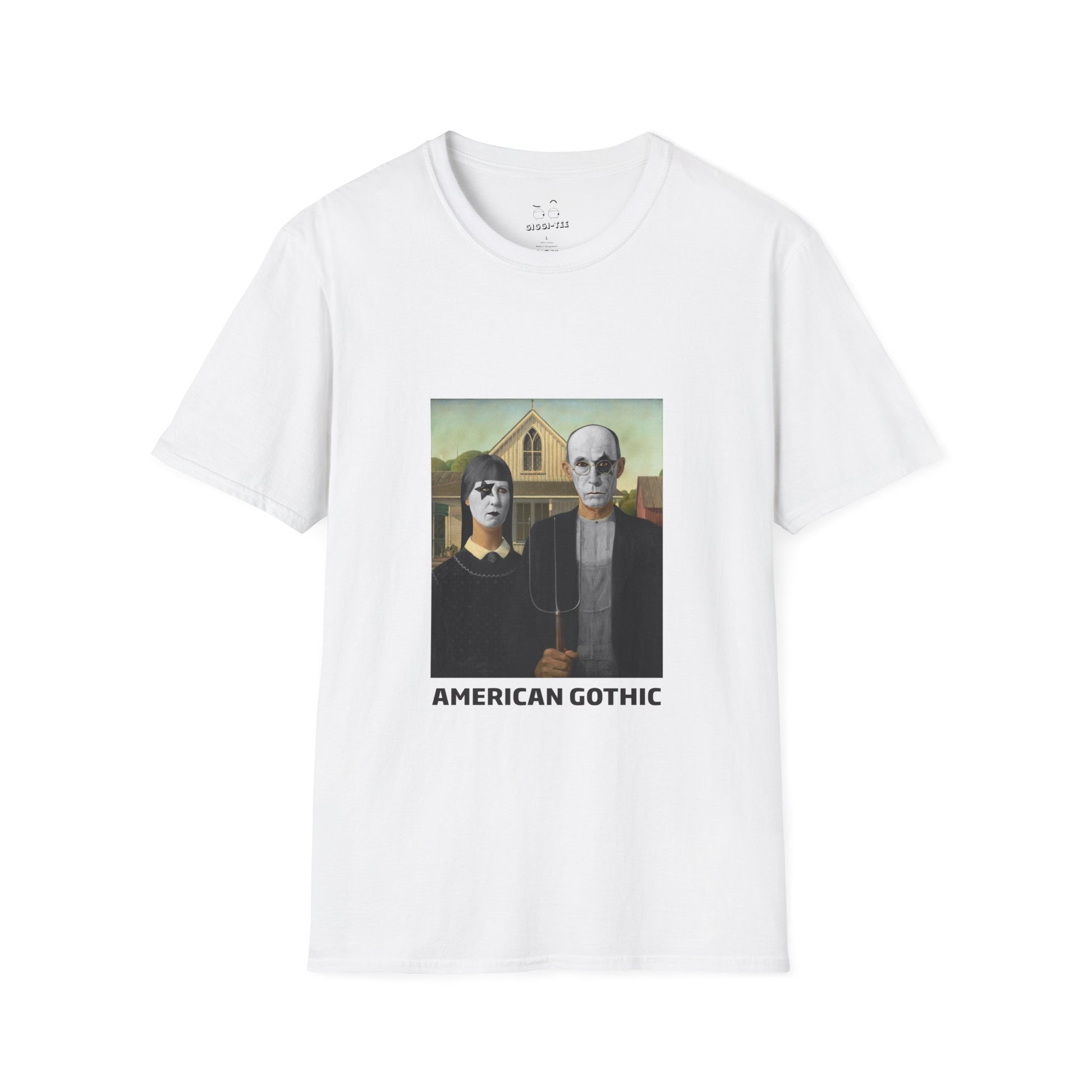 American Gothic parody shirt featuring gothic versions of the farmer and wife with makeup and black hair