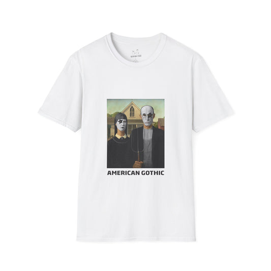 American Gothic parody shirt featuring gothic versions of the farmer and wife with makeup and black hair