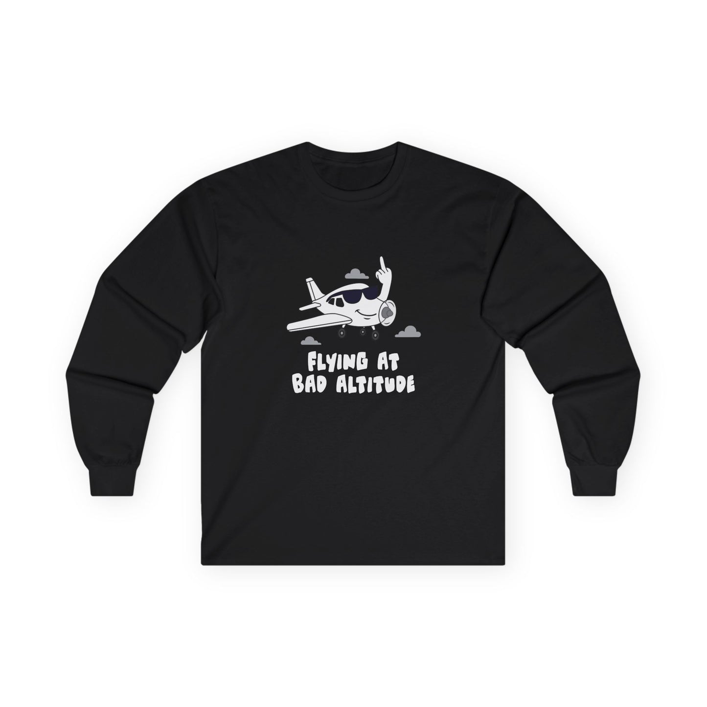 Cartoon airplane with a smug smile and sunglasses, flipping a middle finger with its wing. Bold, cheeky, and flat-color illustration for t-shirts.