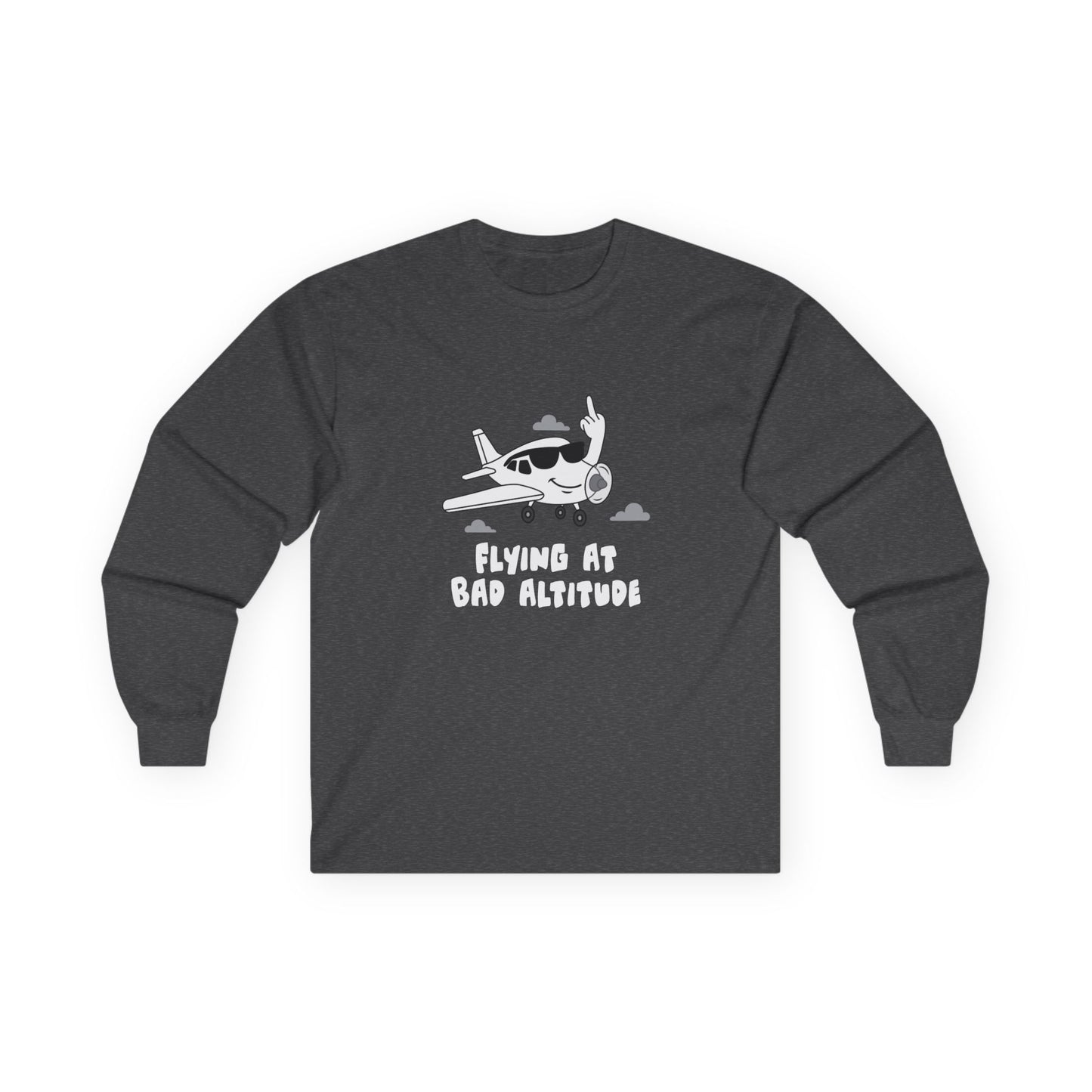 Cartoon airplane with a smug smile and sunglasses, flipping a middle finger with its wing. Bold, cheeky, and flat-color illustration for t-shirts.