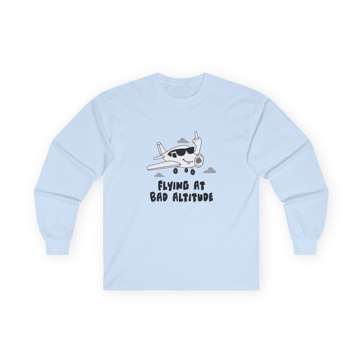 Cartoon airplane with a smug smile and sunglasses, flipping a middle finger with its wing. Bold, cheeky, and flat-color illustration for t-shirts.