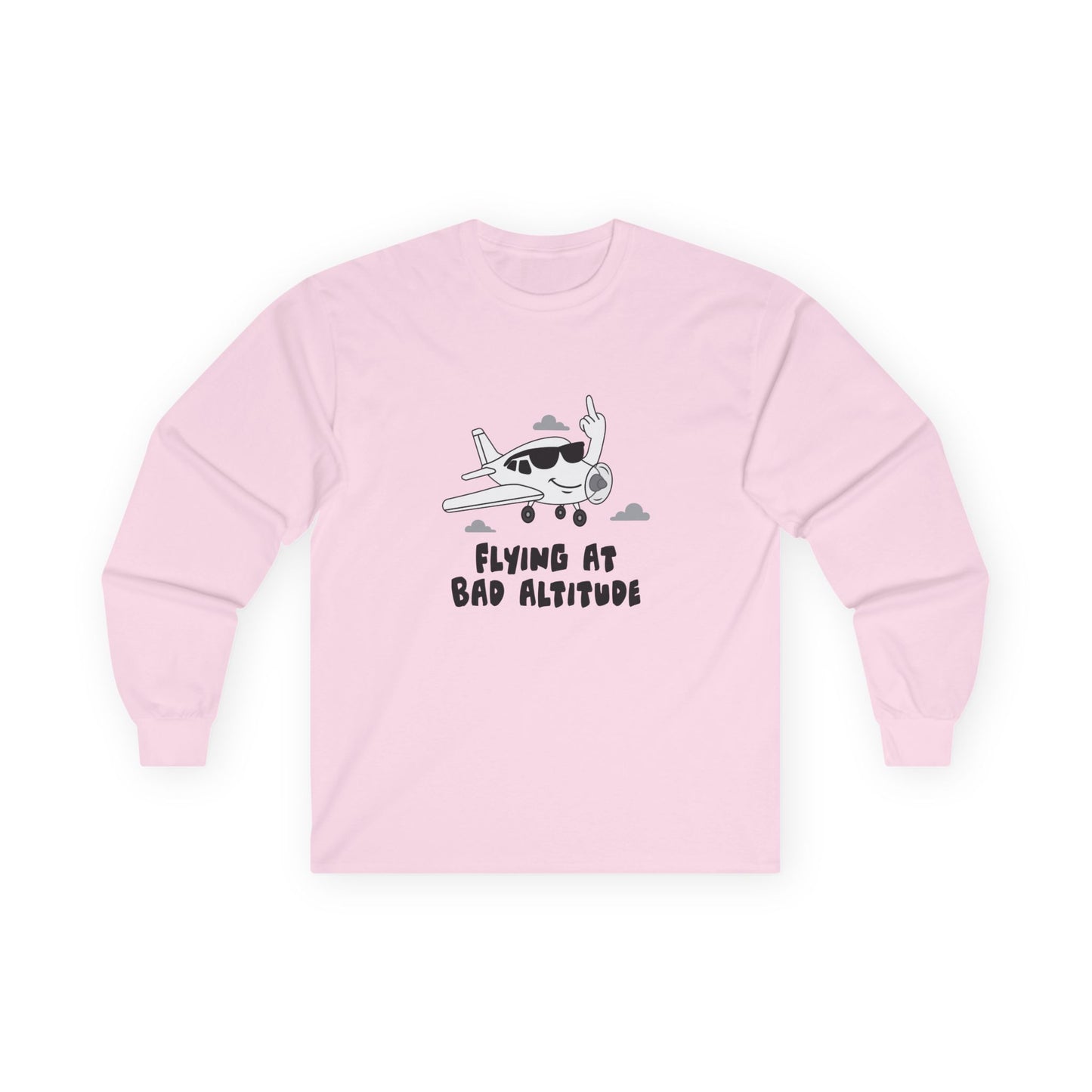 Cartoon airplane with a smug smile and sunglasses, flipping a middle finger with its wing. Bold, cheeky, and flat-color illustration for t-shirts.