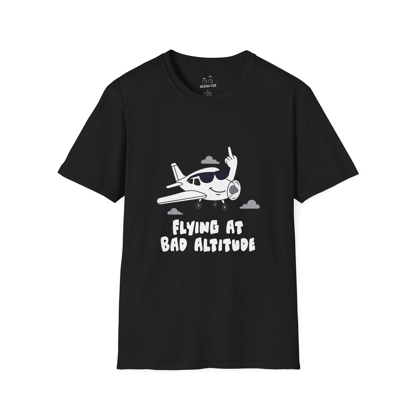 Cartoon airplane with a smug smile and sunglasses, flipping a middle finger with its wing. Bold, cheeky, and flat-color illustration for t-shirts.