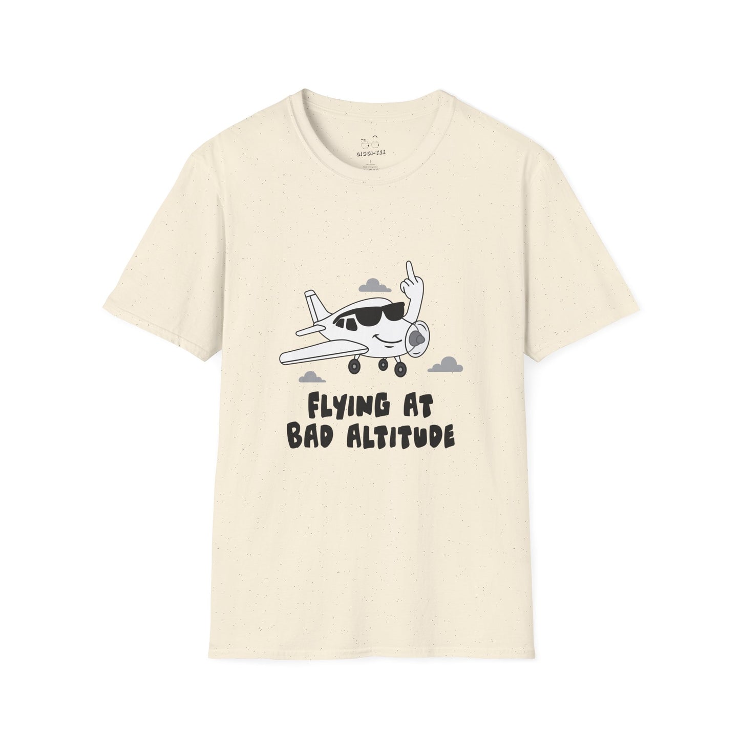 Cartoon airplane with a smug smile and sunglasses, flipping a middle finger with its wing. Bold, cheeky, and flat-color illustration for t-shirts.