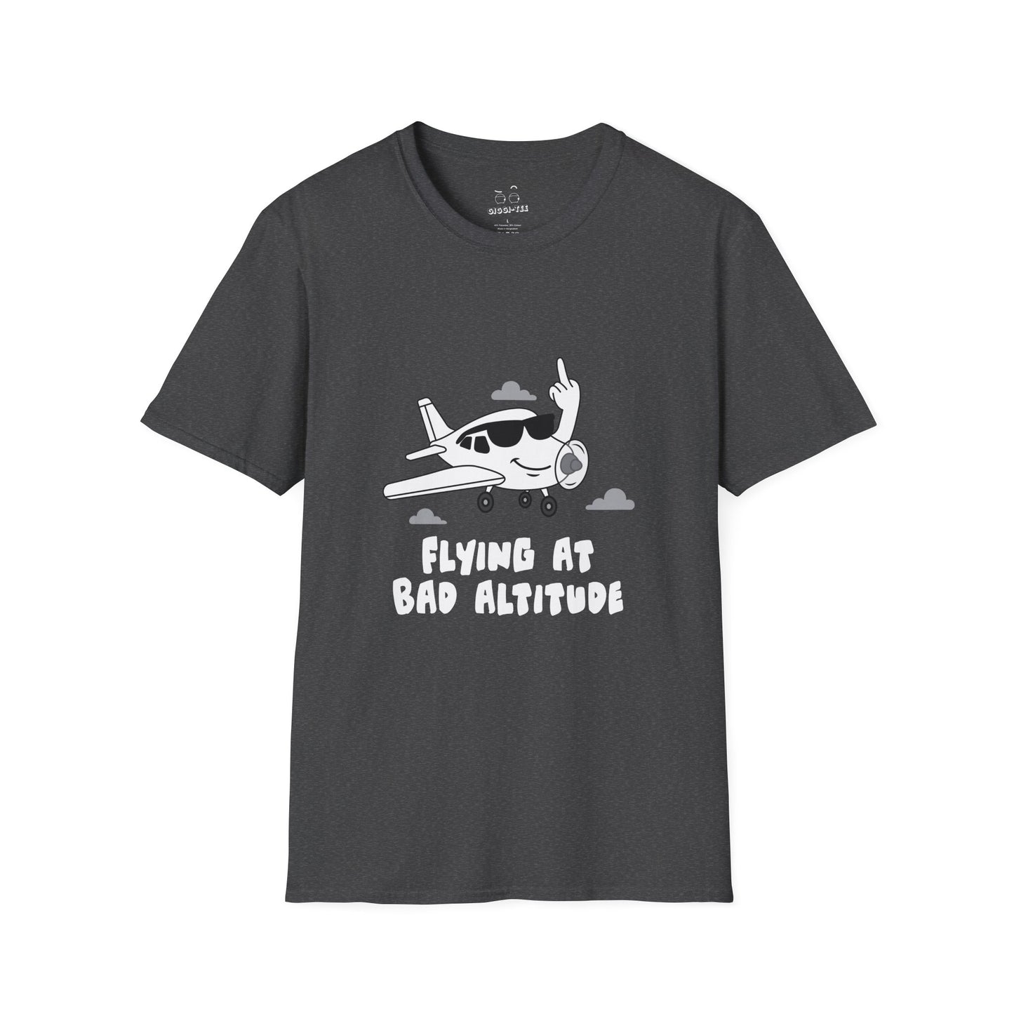 Cartoon airplane with a smug smile and sunglasses, flipping a middle finger with its wing. Bold, cheeky, and flat-color illustration for t-shirts.
