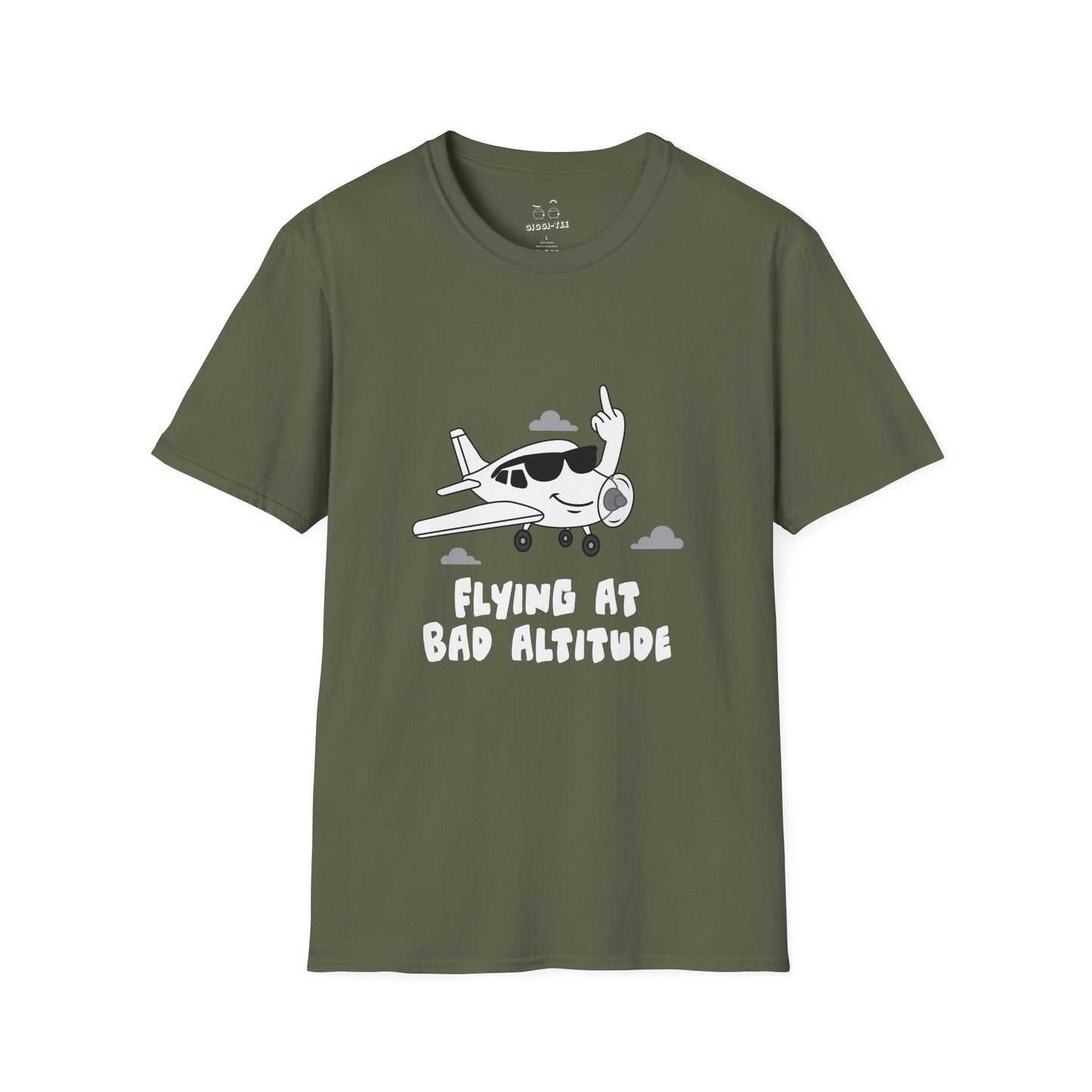 Cartoon airplane with a smug smile and sunglasses, flipping a middle finger with its wing. Bold, cheeky, and flat-color illustration for t-shirts.