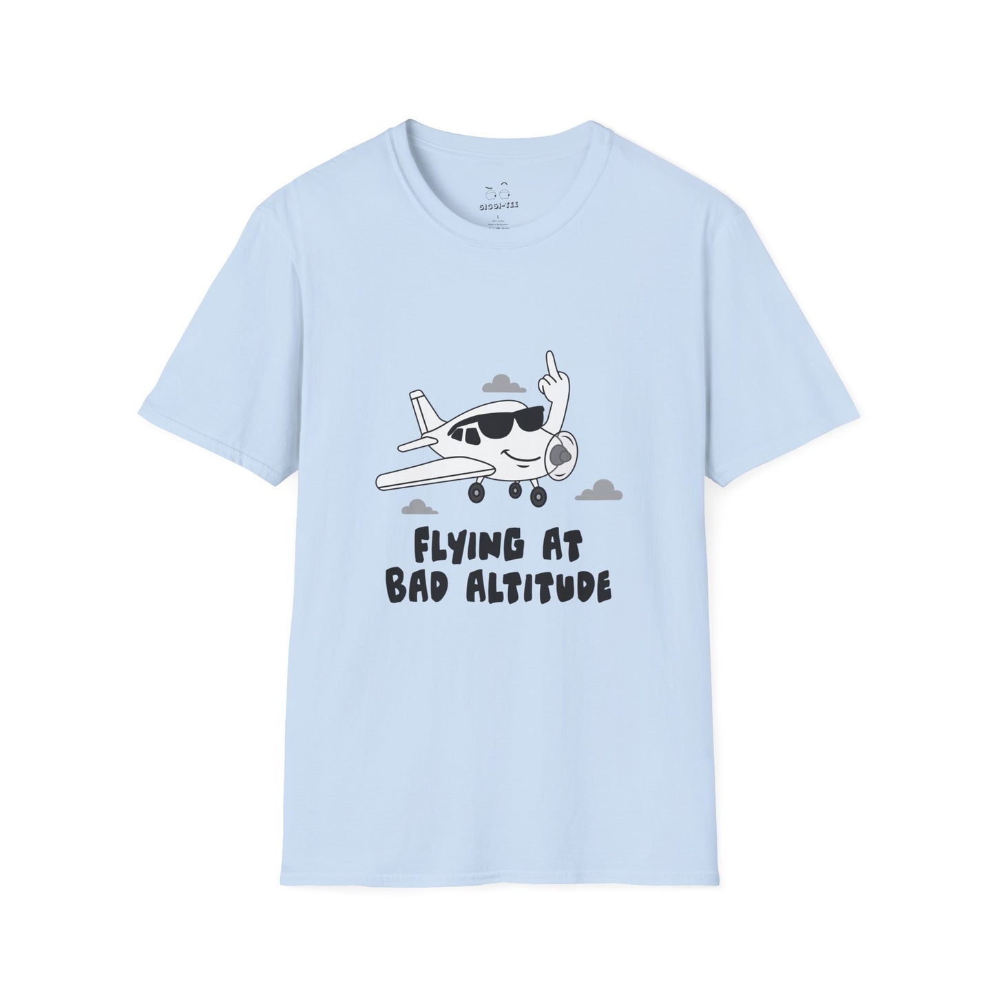 Cartoon airplane with a smug smile and sunglasses, flipping a middle finger with its wing. Bold, cheeky, and flat-color illustration for t-shirts.