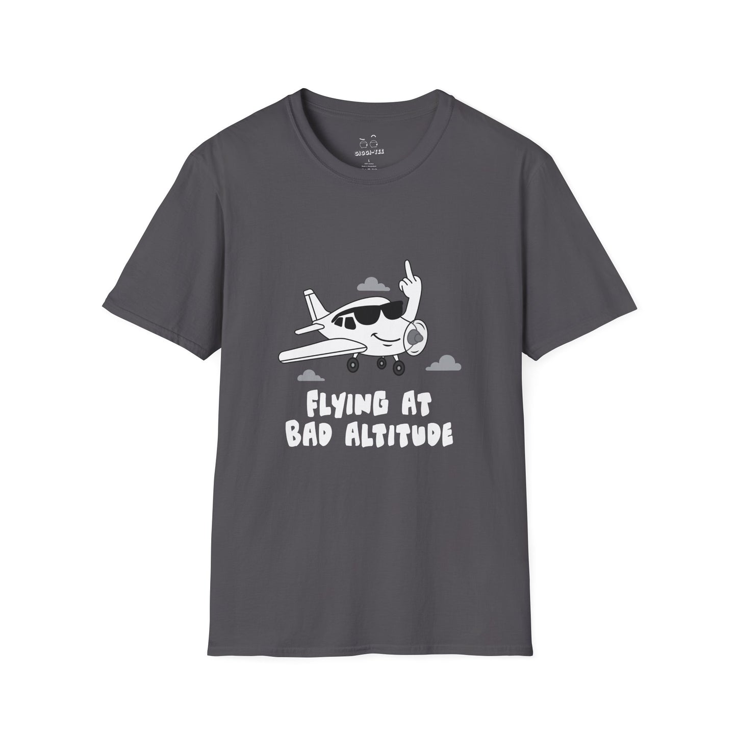 Cartoon airplane with a smug smile and sunglasses, flipping a middle finger with its wing. Bold, cheeky, and flat-color illustration for t-shirts.