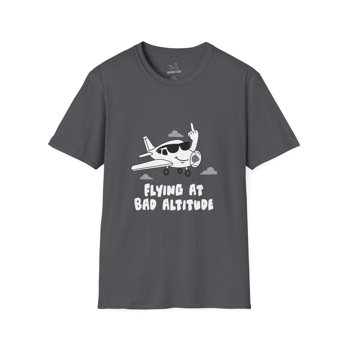 Cartoon airplane with a smug smile and sunglasses, flipping a middle finger with its wing. Bold, cheeky, and flat-color illustration for t-shirts.