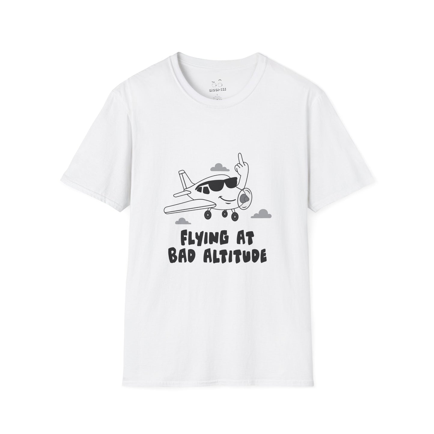 Cartoon airplane with a smug smile and sunglasses, flipping a middle finger with its wing. Bold, cheeky, and flat-color illustration for t-shirts.