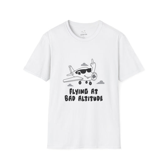 Cartoon airplane with a smug smile and sunglasses, flipping a middle finger with its wing. Bold, cheeky, and flat-color illustration for t-shirts.