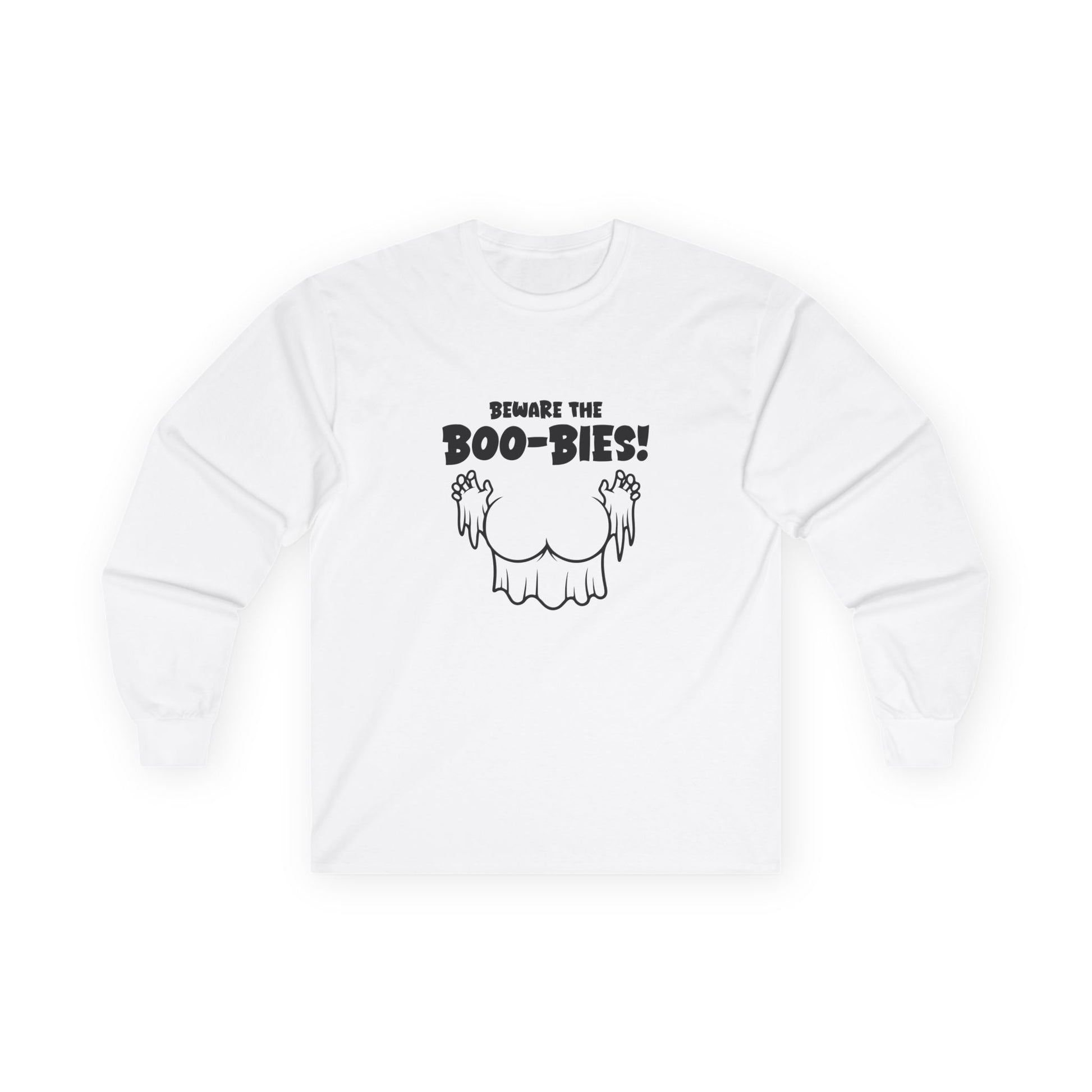 Funny Halloween t-shirt featuring two ghost-shaped boobs with the text “Beware the Boo-bies.