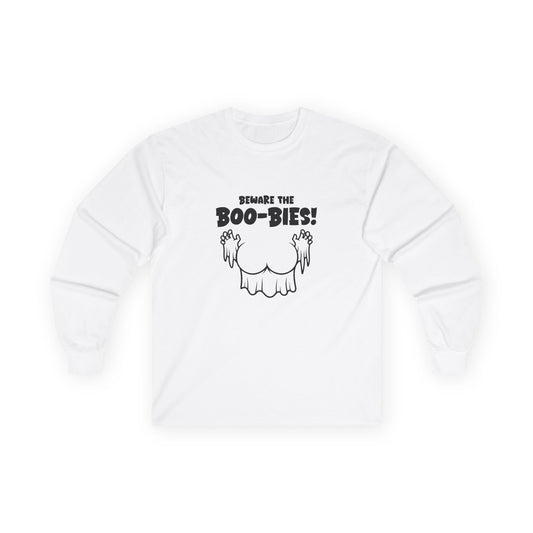 Funny Halloween t-shirt featuring two ghost-shaped boobs with the text “Beware the Boo-bies.
