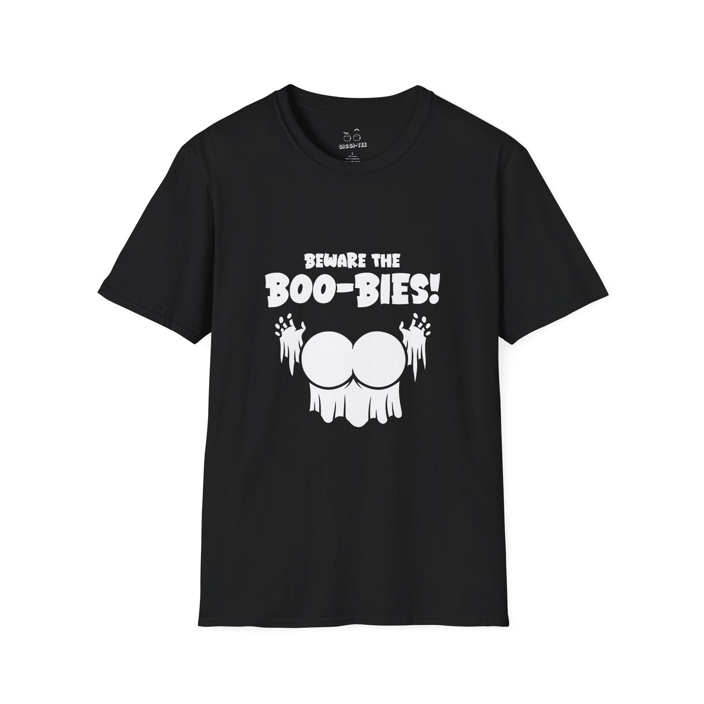 Funny Halloween t-shirt featuring two ghost-shaped boobs with the text “Beware the Boo-bies.