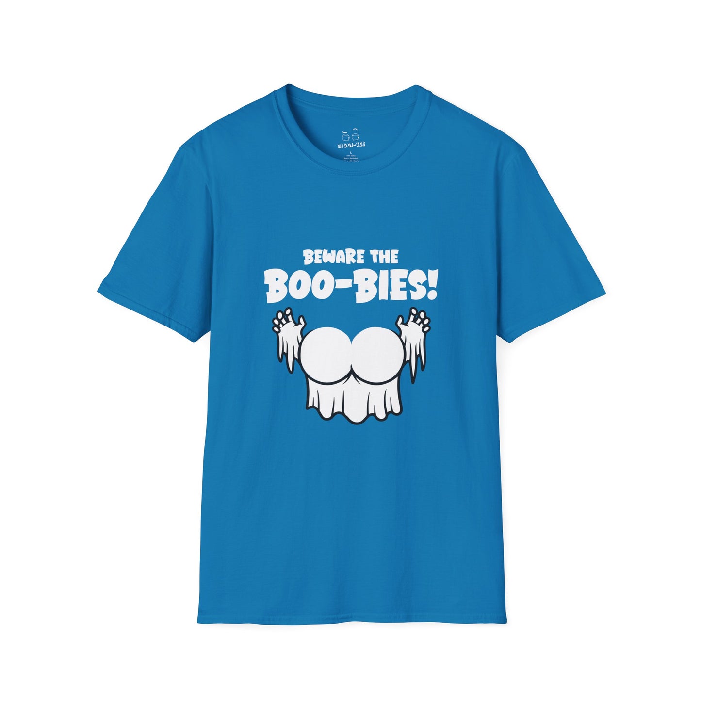 Funny Halloween t-shirt featuring two ghost-shaped boobs with the text “Beware the Boo-bies.
