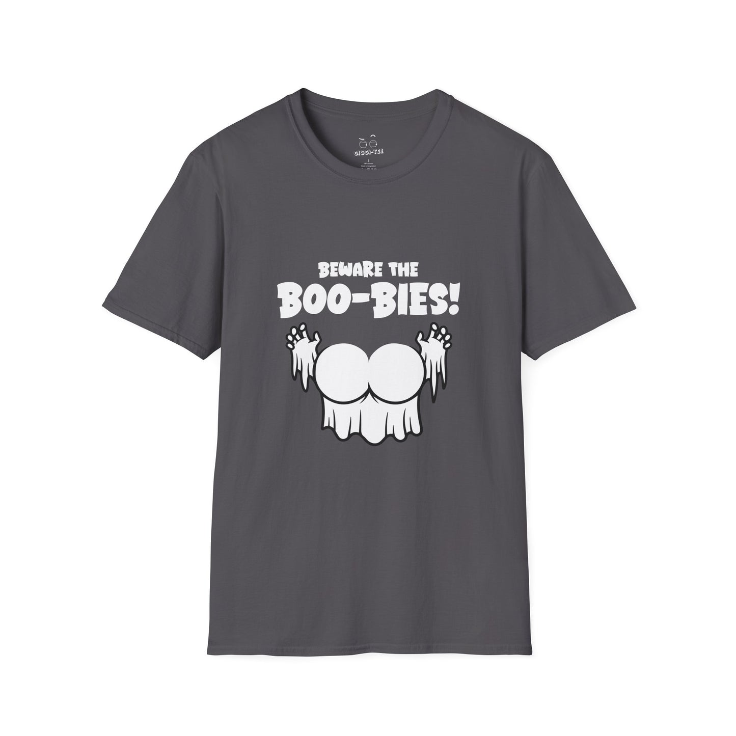 Funny Halloween t-shirt featuring two ghost-shaped boobs with the text “Beware the Boo-bies.
