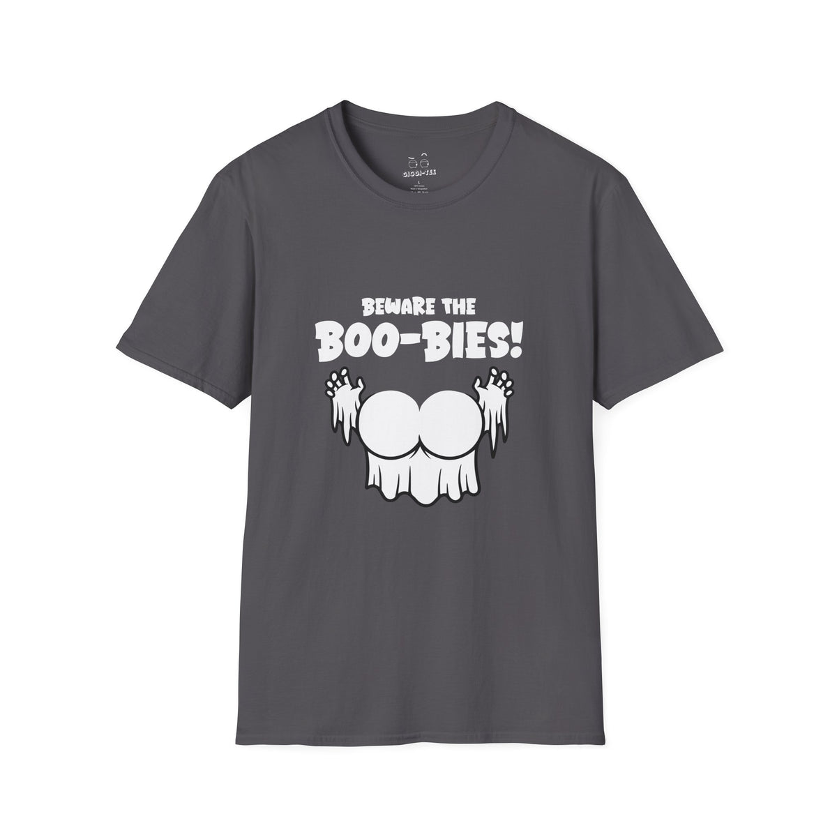 Funny Halloween t-shirt featuring two ghost-shaped boobs with the text “Beware the Boo-bies.