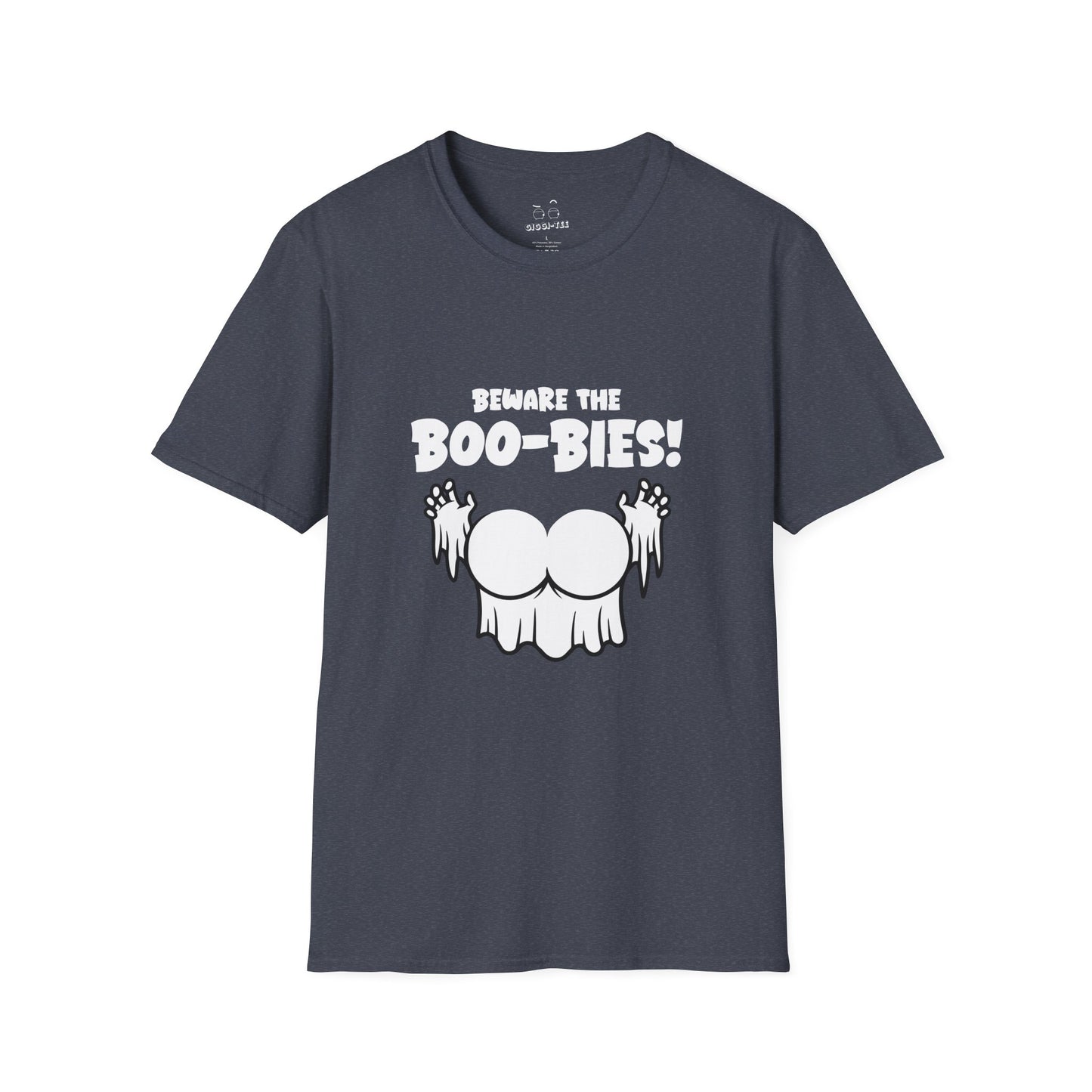 Funny Halloween t-shirt featuring two ghost-shaped boobs with the text “Beware the Boo-bies.