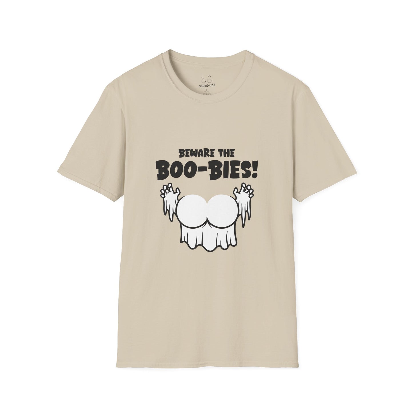 Funny Halloween t-shirt featuring two ghost-shaped boobs with the text “Beware the Boo-bies.