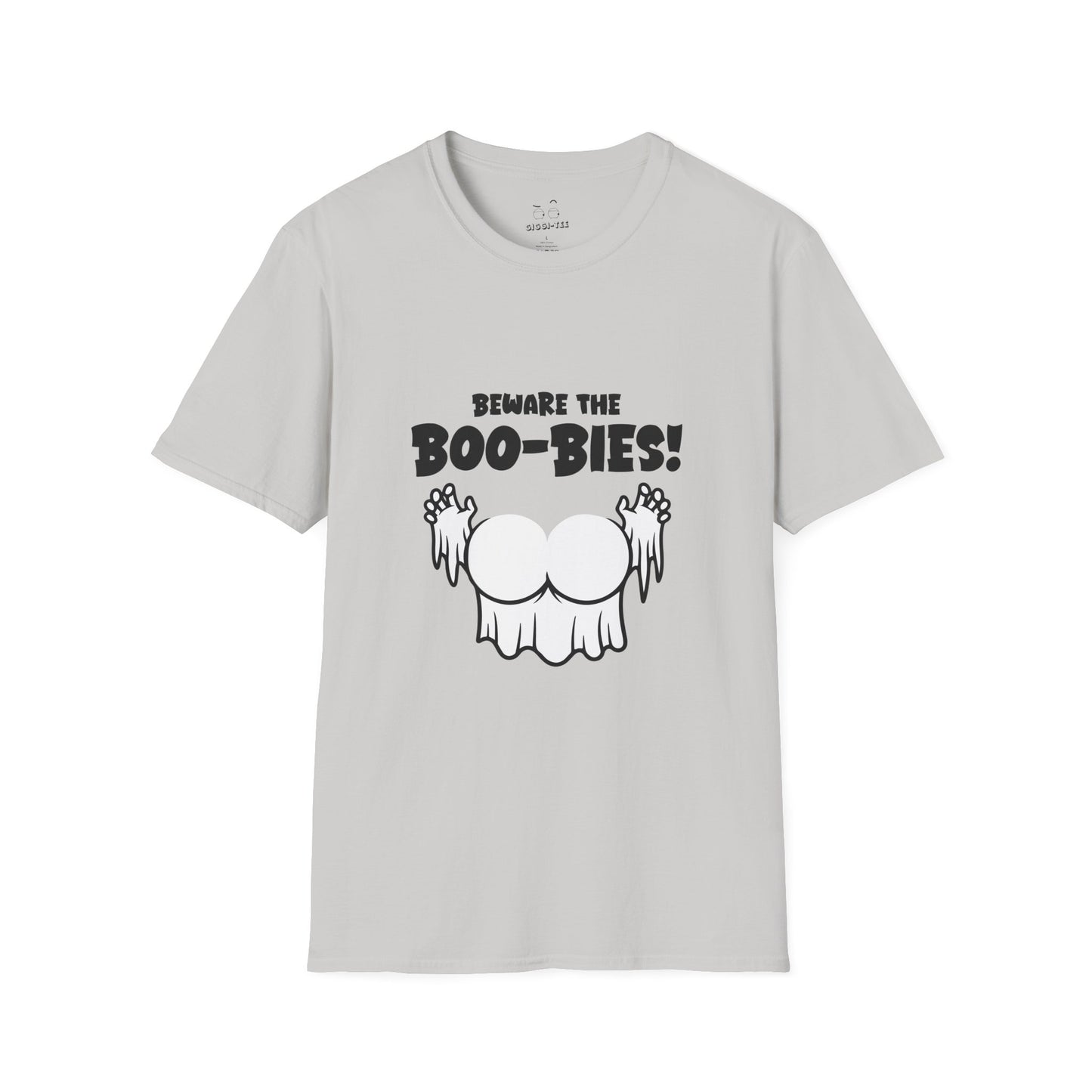 Funny Halloween t-shirt featuring two ghost-shaped boobs with the text “Beware the Boo-bies.