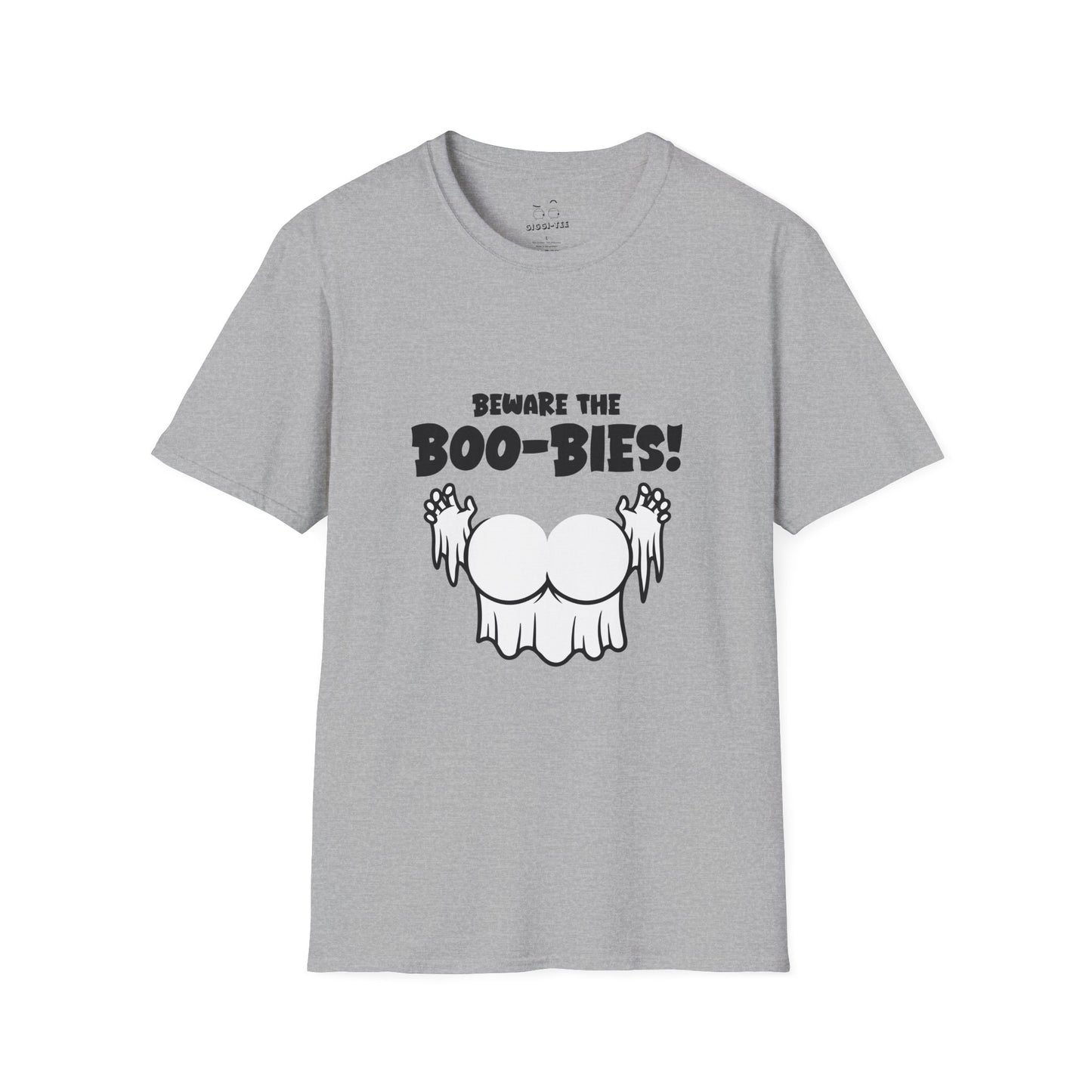 Funny Halloween t-shirt featuring two ghost-shaped boobs with the text “Beware the Boo-bies.