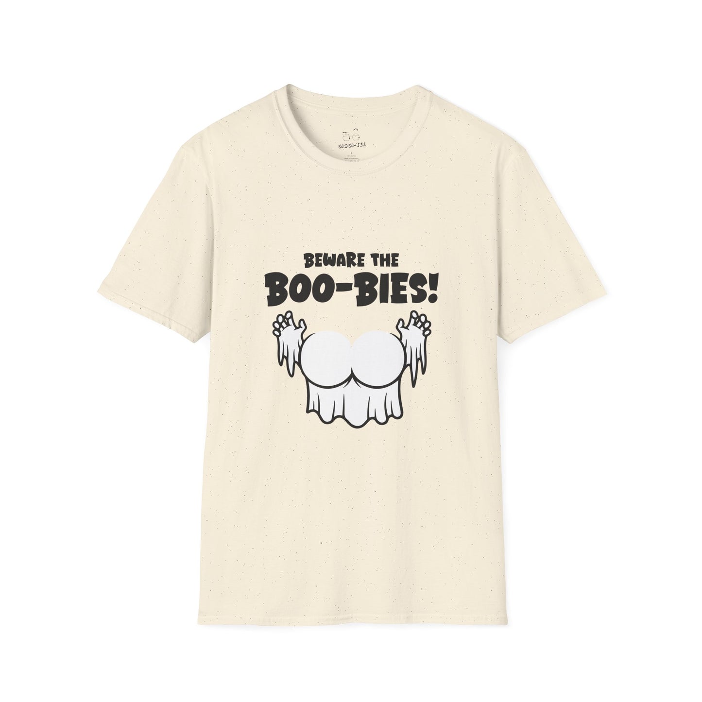 Funny Halloween t-shirt featuring two ghost-shaped boobs with the text “Beware the Boo-bies.