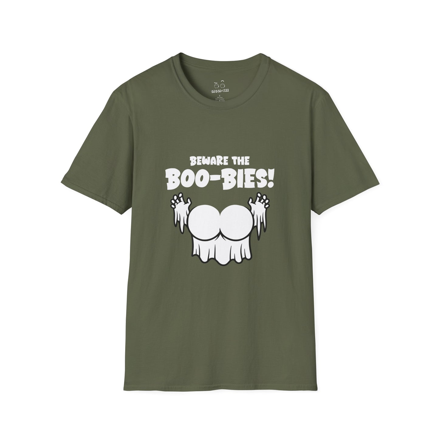Funny Halloween t-shirt featuring two ghost-shaped boobs with the text “Beware the Boo-bies.