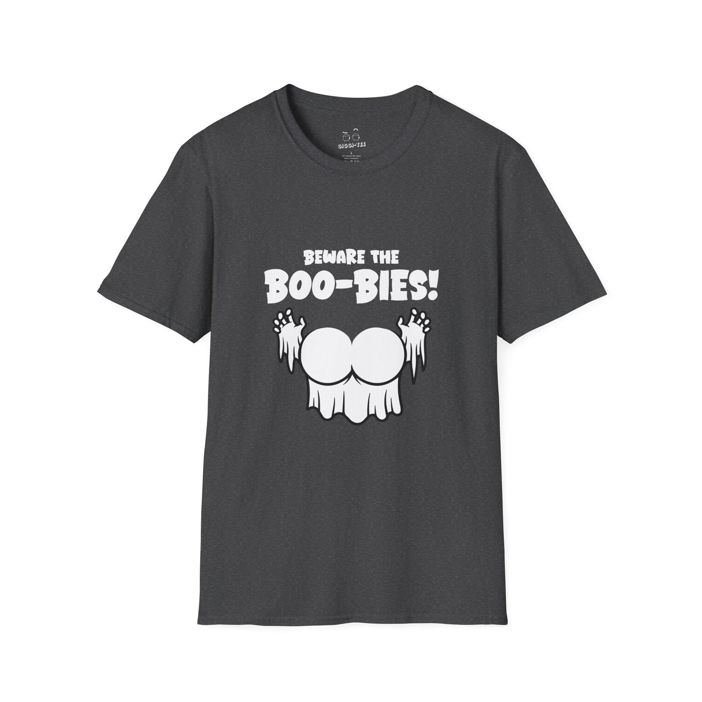 Funny Halloween t-shirt featuring two ghost-shaped boobs with the text “Beware the Boo-bies.
