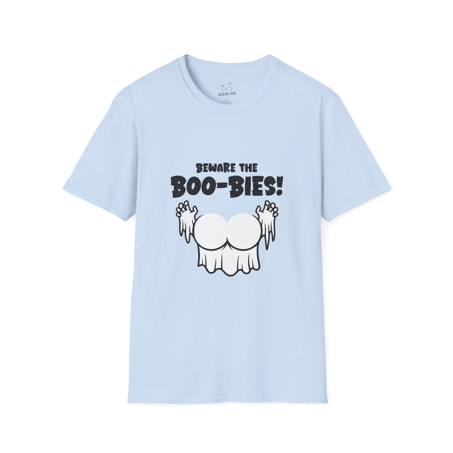 Funny Halloween t-shirt featuring two ghost-shaped boobs with the text “Beware the Boo-bies.