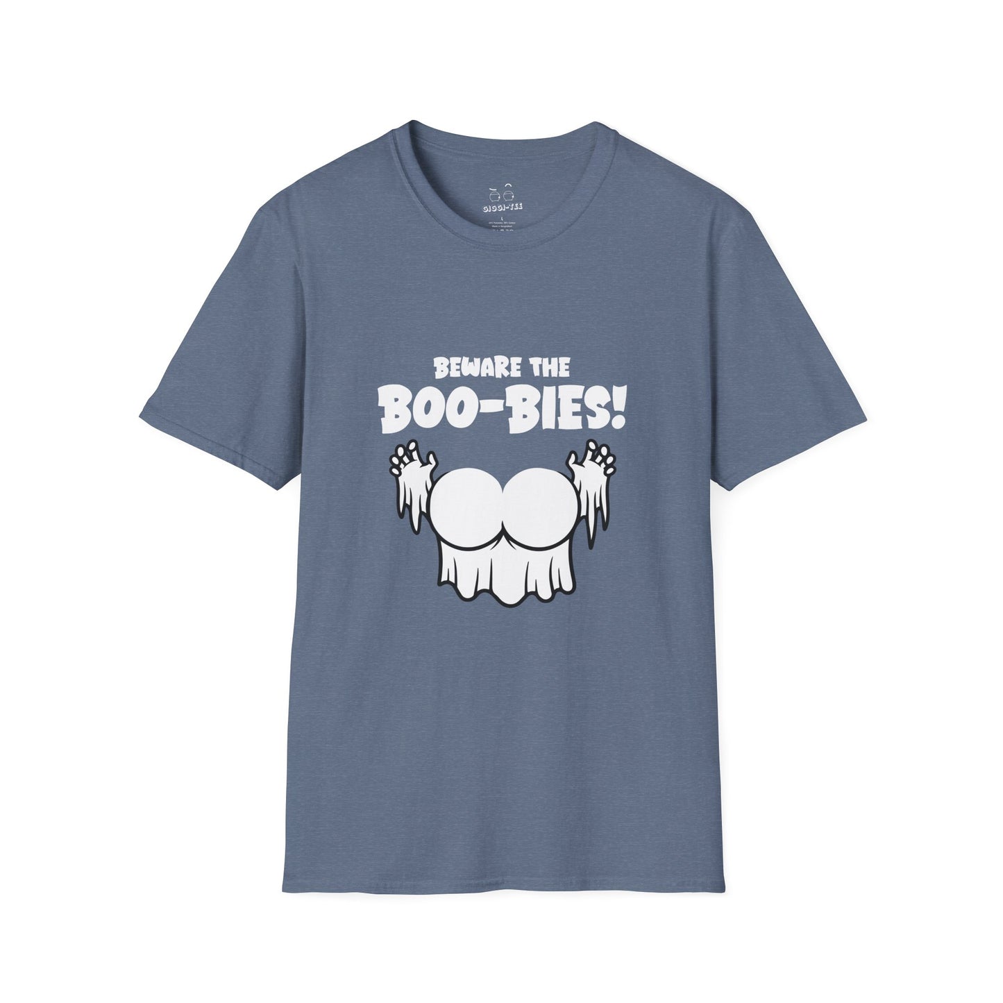 Funny Halloween t-shirt featuring two ghost-shaped boobs with the text “Beware the Boo-bies.