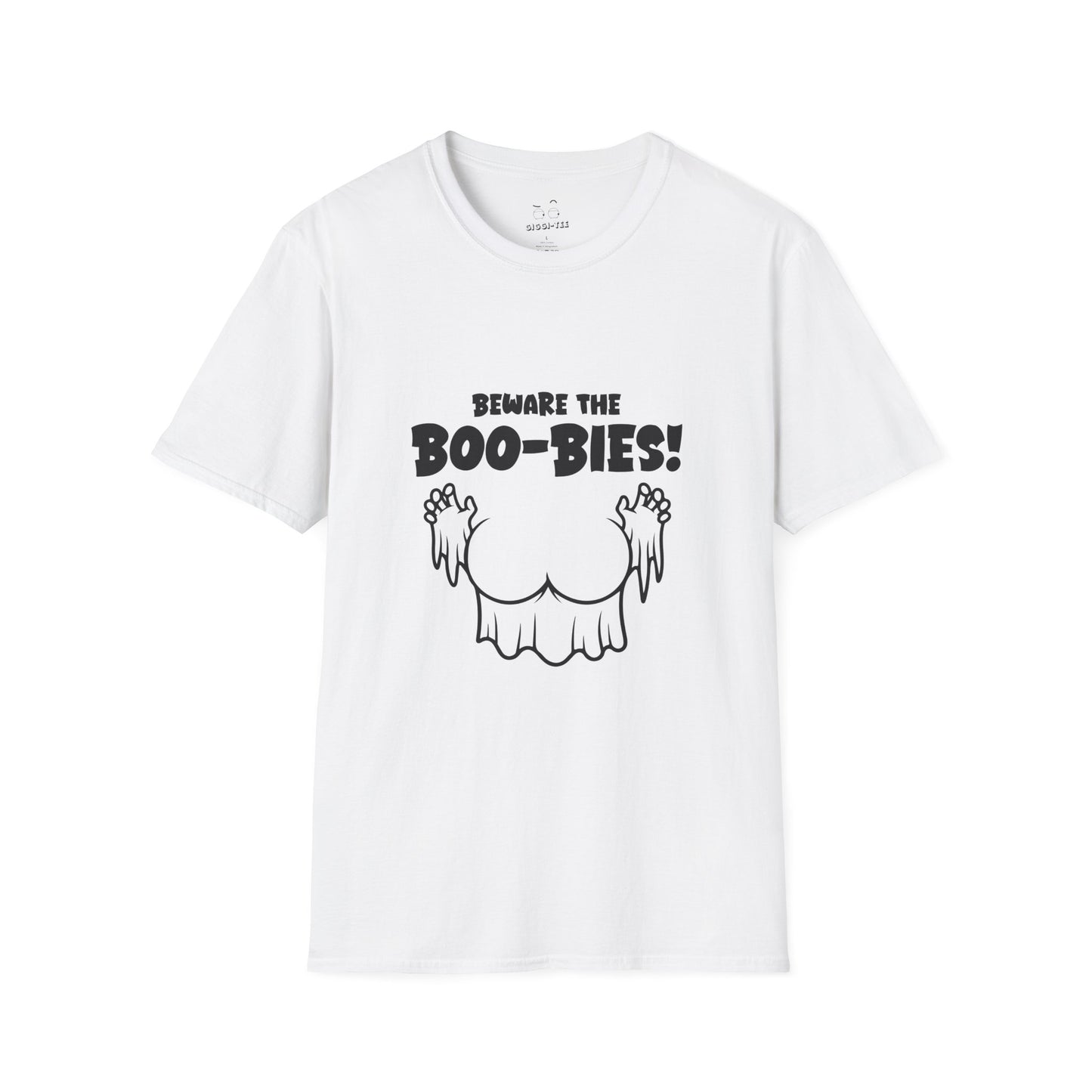 Funny Halloween t-shirt featuring two ghost-shaped boobs with the text “Beware the Boo-bies.
