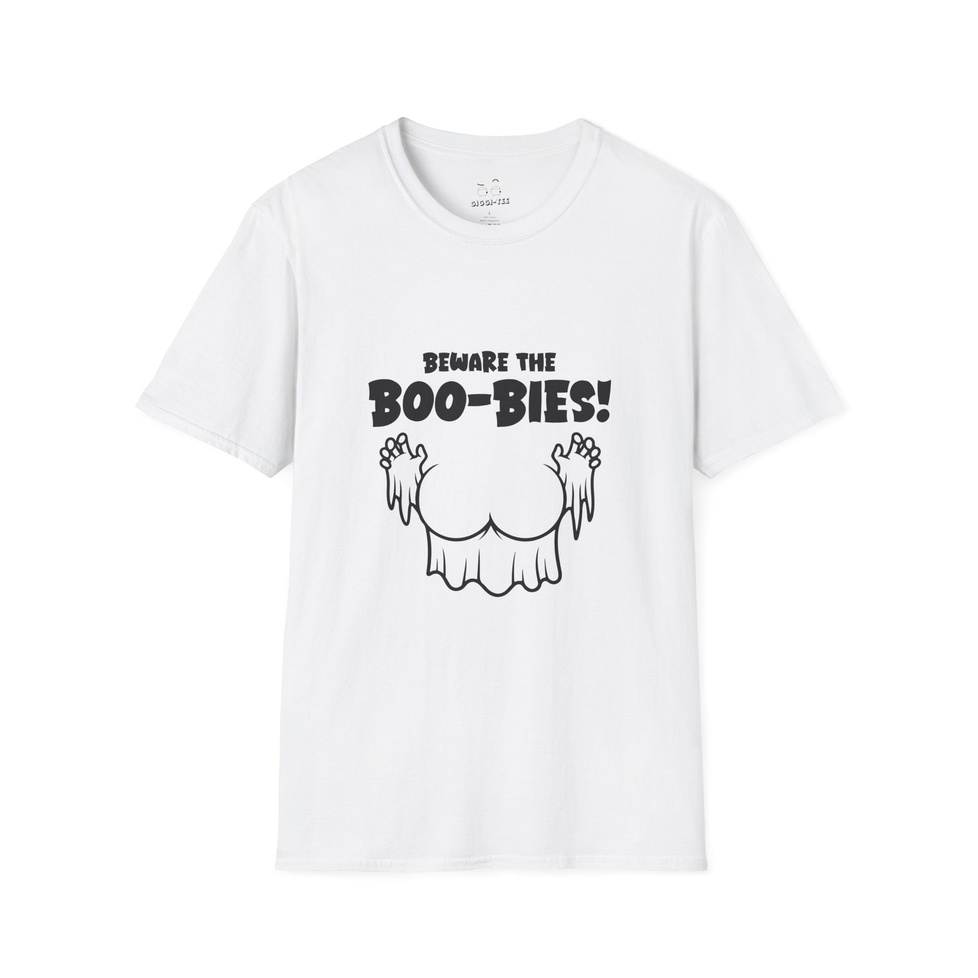 Funny Halloween t-shirt featuring two ghost-shaped boobs with the text “Beware the Boo-bies.