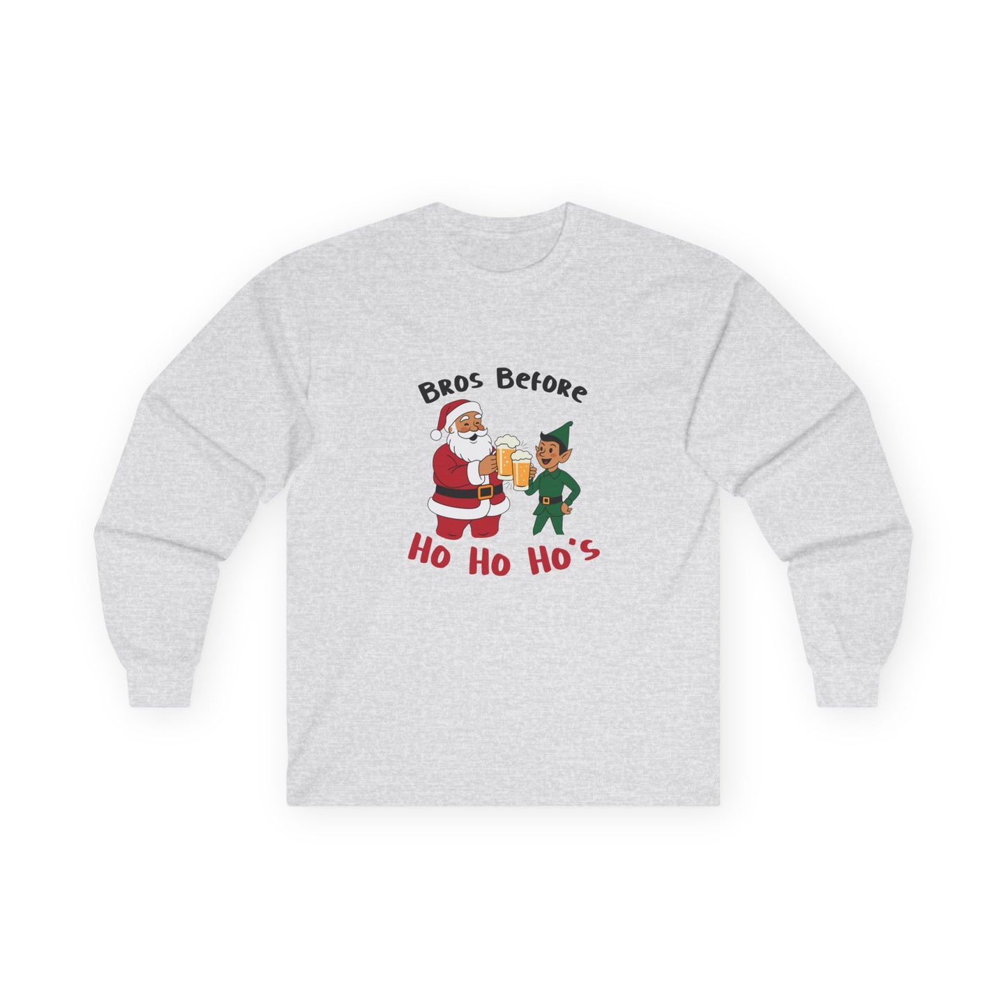 Illustration of Santa Claus and an elf clinking beer glasses with the phrase “Bros Before Ho Ho Ho’s” in a retro Christmas design.