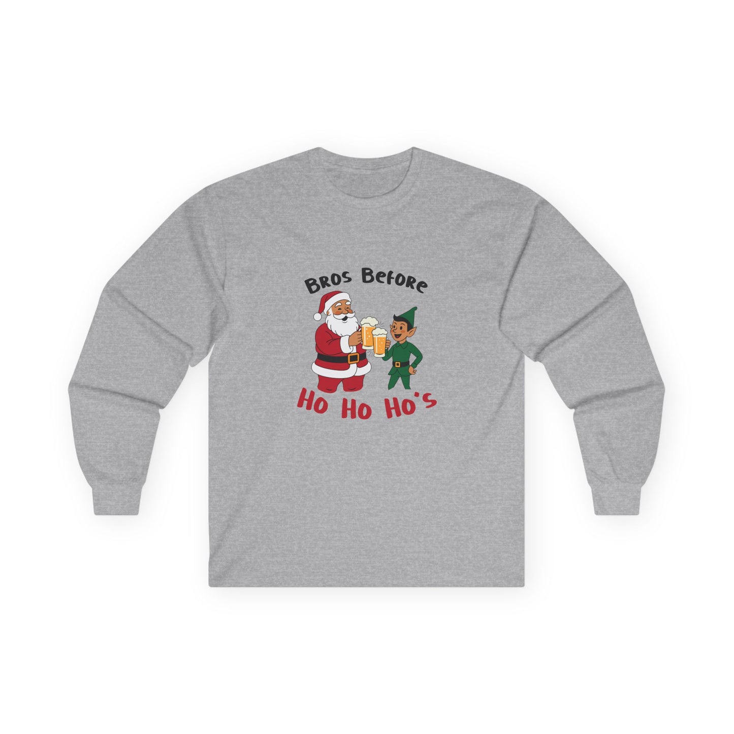 Illustration of Santa Claus and an elf clinking beer glasses with the phrase “Bros Before Ho Ho Ho’s” in a retro Christmas design.