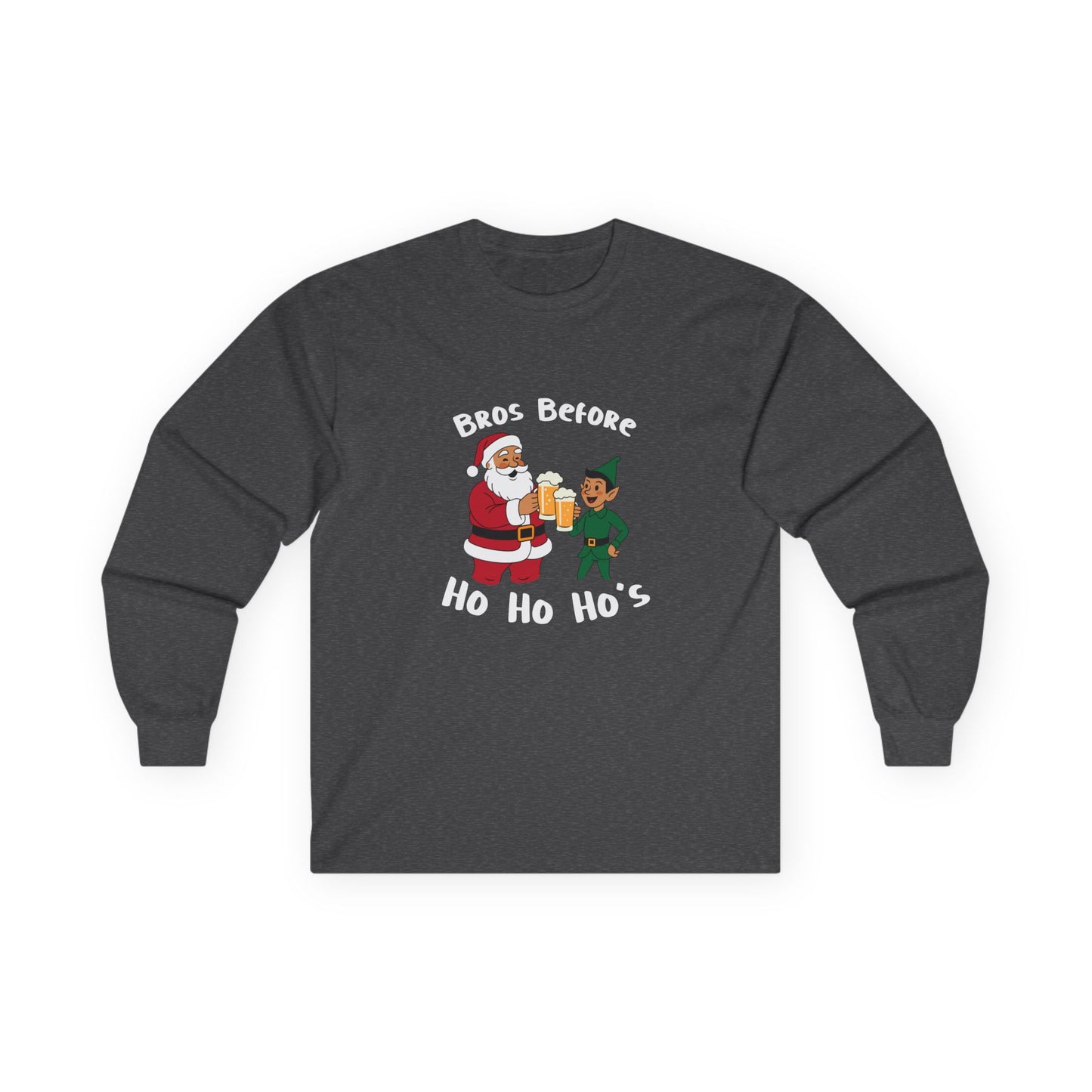 Illustration of Santa Claus and an elf clinking beer glasses with the phrase “Bros Before Ho Ho Ho’s” in a retro Christmas design.