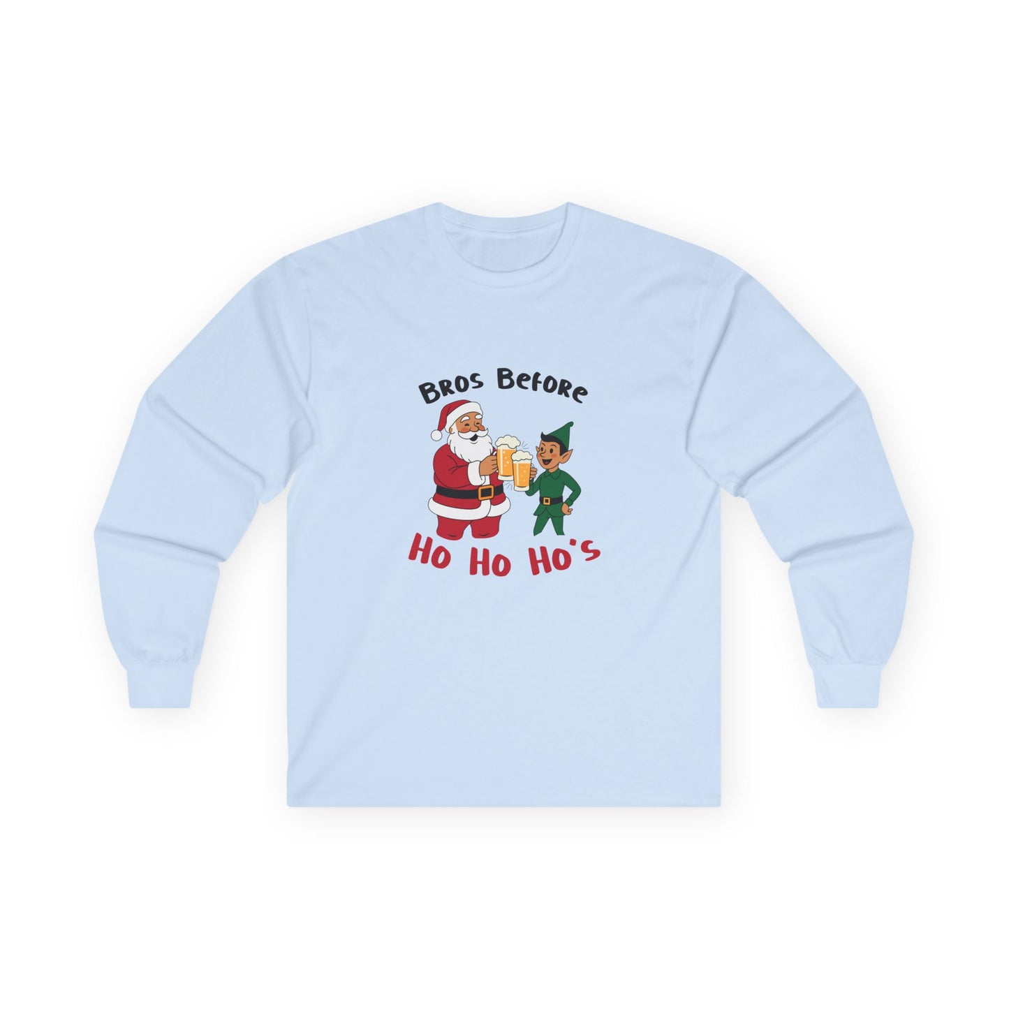 Illustration of Santa Claus and an elf clinking beer glasses with the phrase “Bros Before Ho Ho Ho’s” in a retro Christmas design.