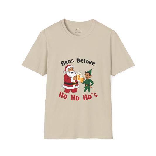 Illustration of Santa Claus and an elf clinking beer glasses with the phrase “Bros Before Ho Ho Ho’s” in a retro Christmas design.