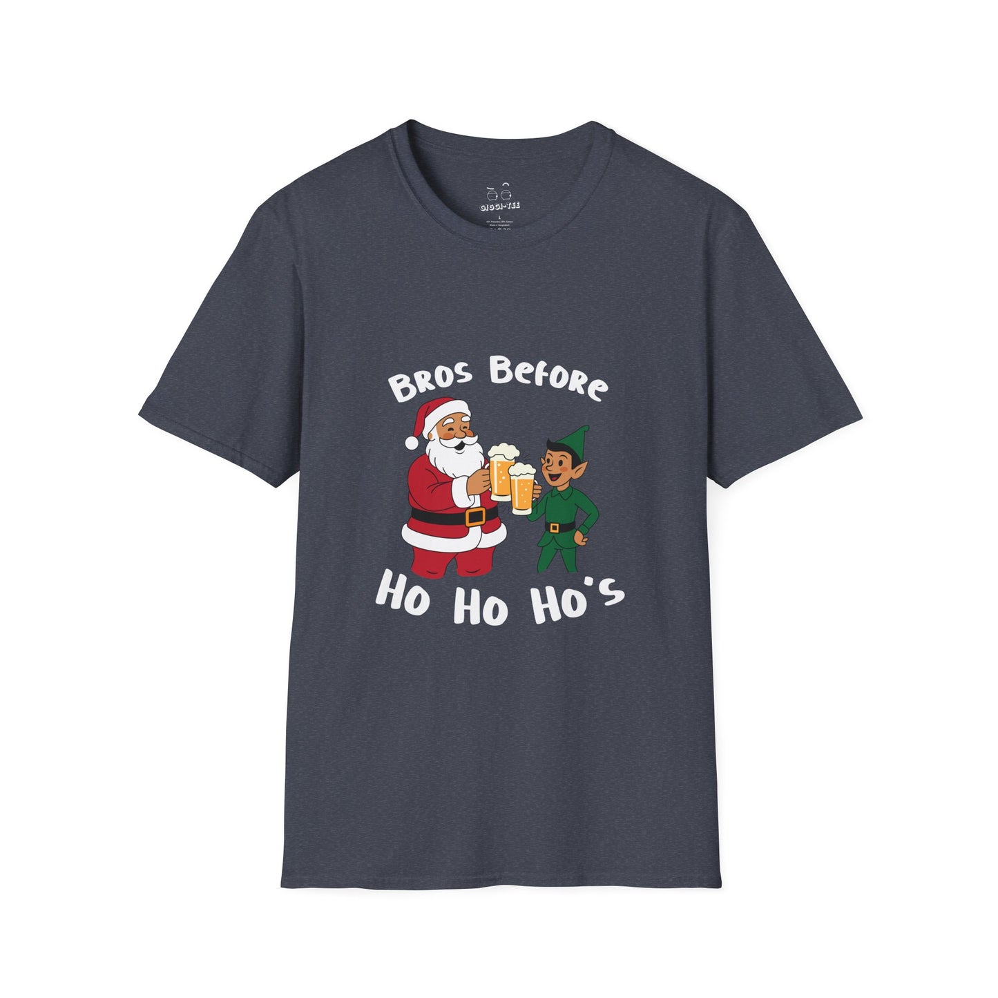Illustration of Santa Claus and an elf clinking beer glasses with the phrase “Bros Before Ho Ho Ho’s” in a retro Christmas design.