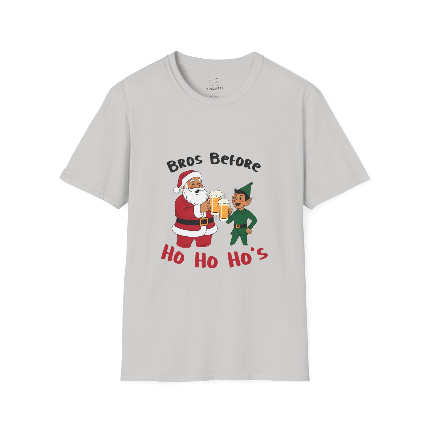 Illustration of Santa Claus and an elf clinking beer glasses with the phrase “Bros Before Ho Ho Ho’s” in a retro Christmas design.