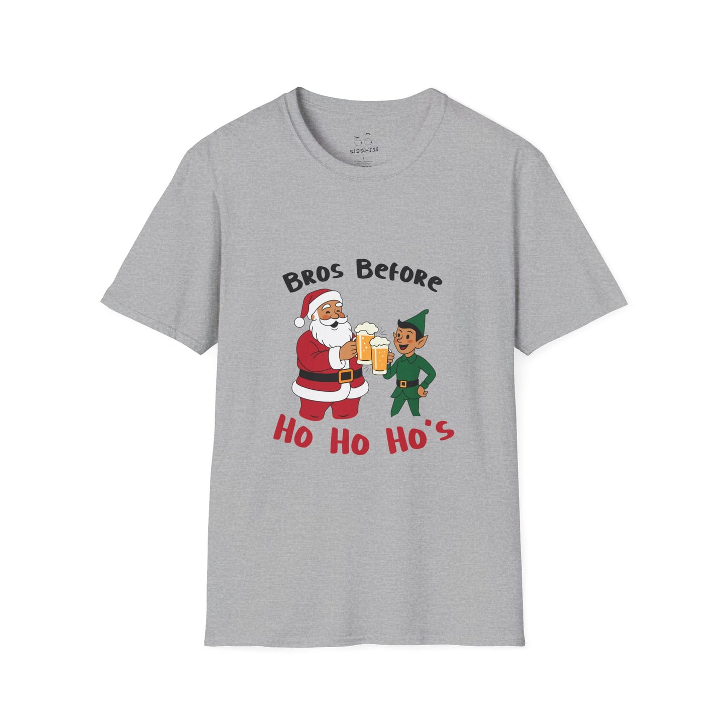 Illustration of Santa Claus and an elf clinking beer glasses with the phrase “Bros Before Ho Ho Ho’s” in a retro Christmas design.