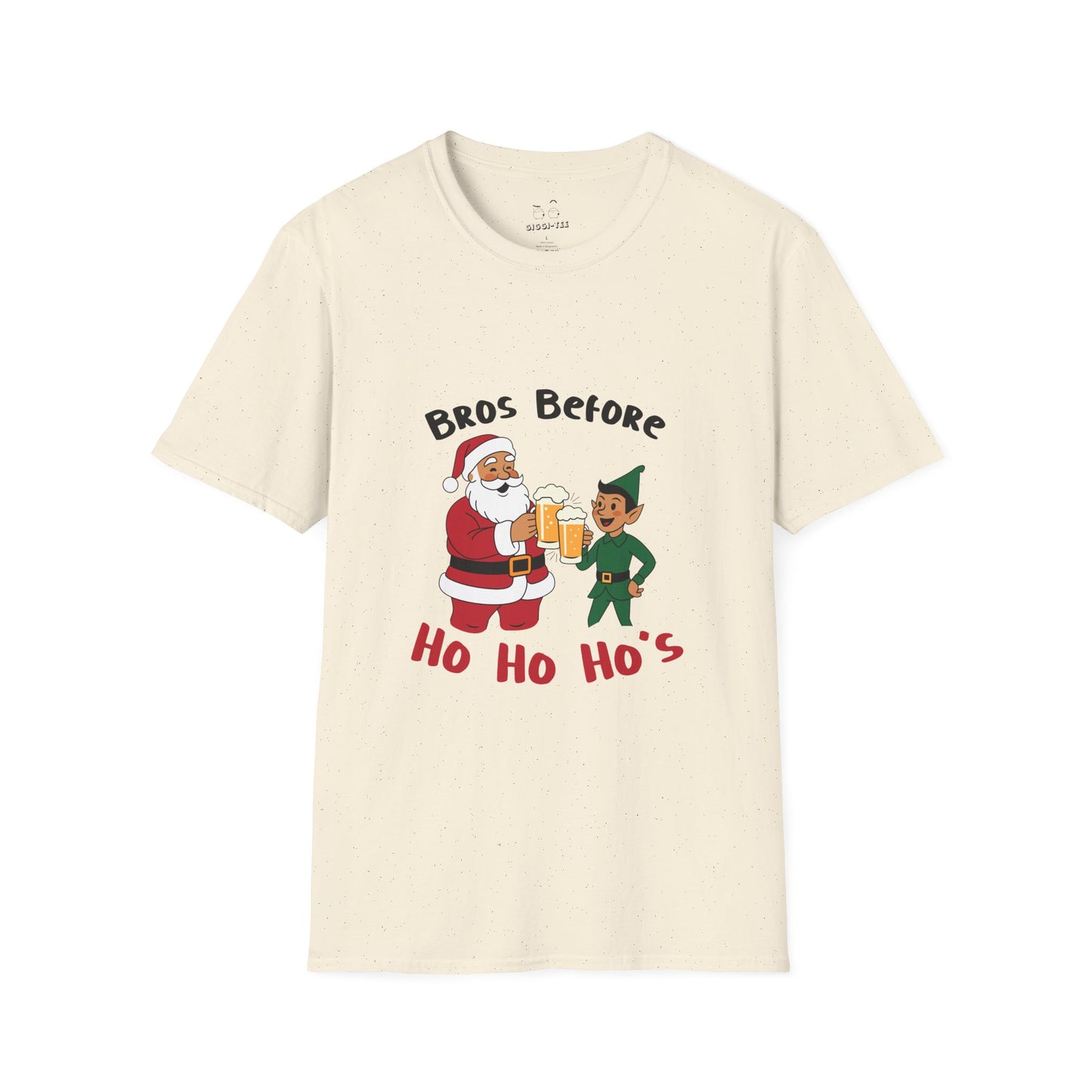 Illustration of Santa Claus and an elf clinking beer glasses with the phrase “Bros Before Ho Ho Ho’s” in a retro Christmas design.