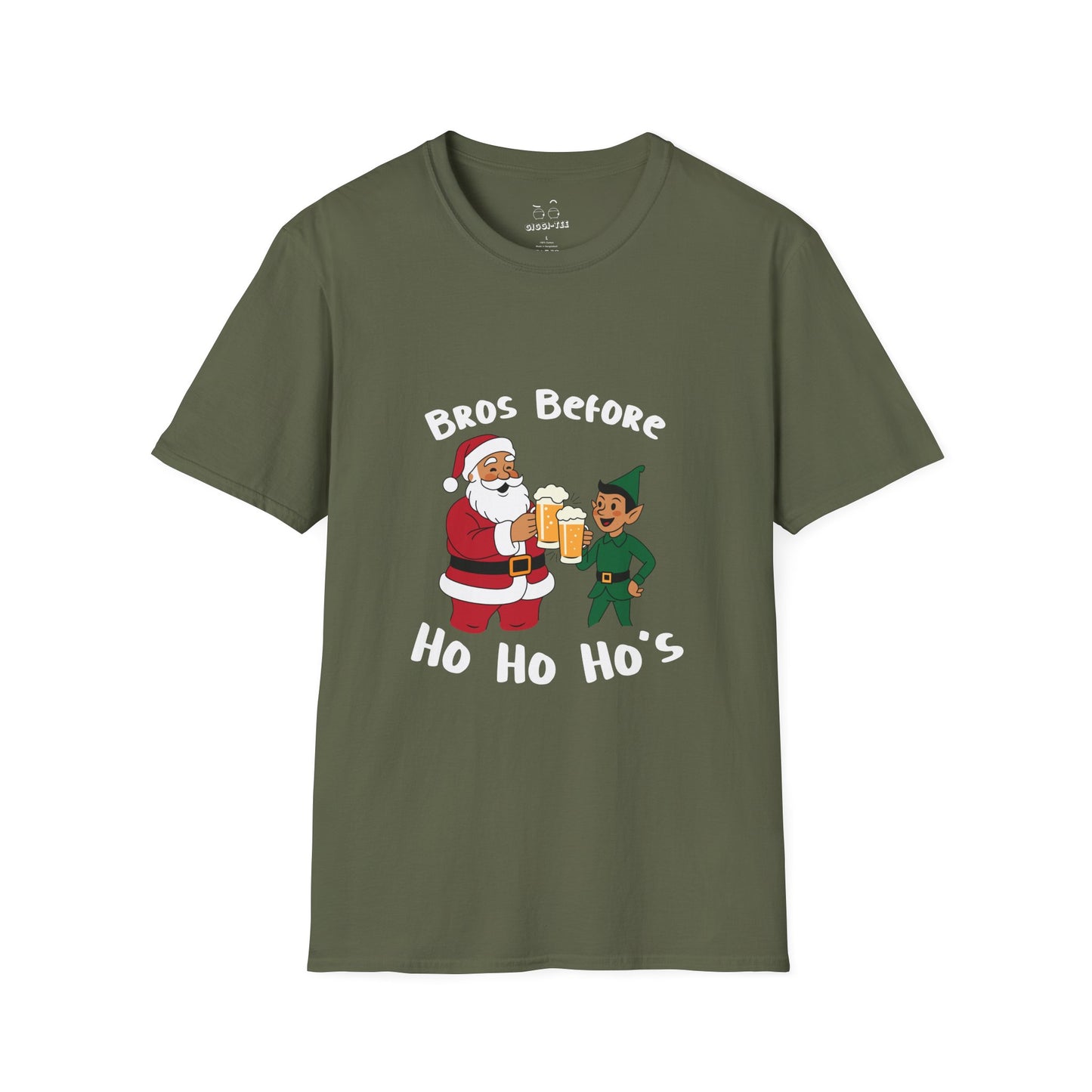 Illustration of Santa Claus and an elf clinking beer glasses with the phrase “Bros Before Ho Ho Ho’s” in a retro Christmas design.